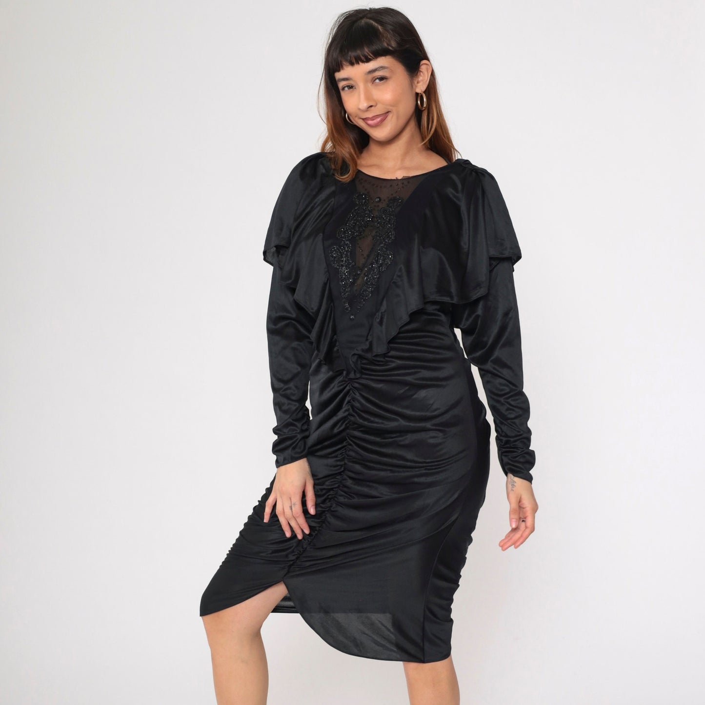 80s Black Beaded Midi Dress Cape Sleeve Open Back Ruched Medium