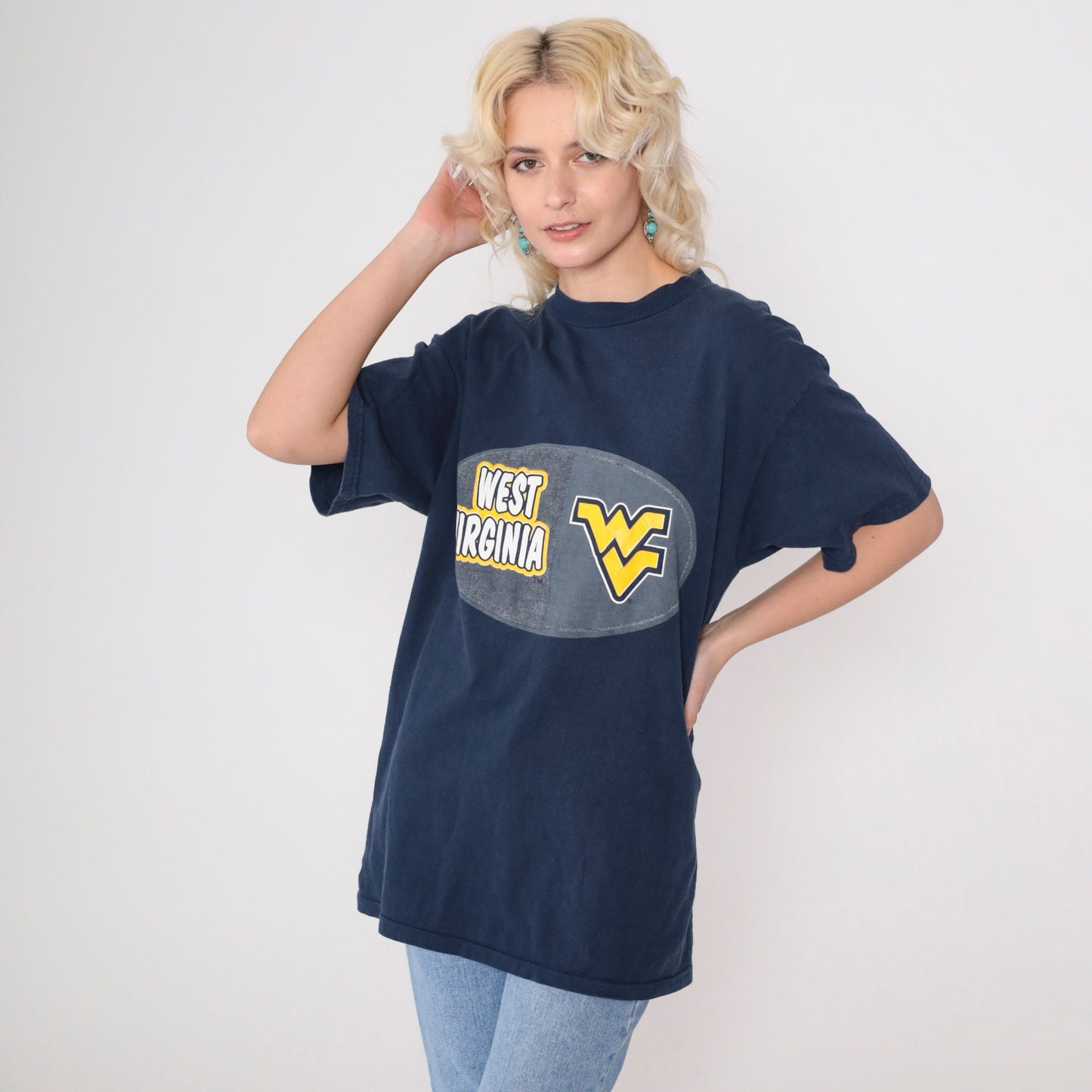90s West Virginia University Mountaineer Graphic T-Shirt Navy Medium