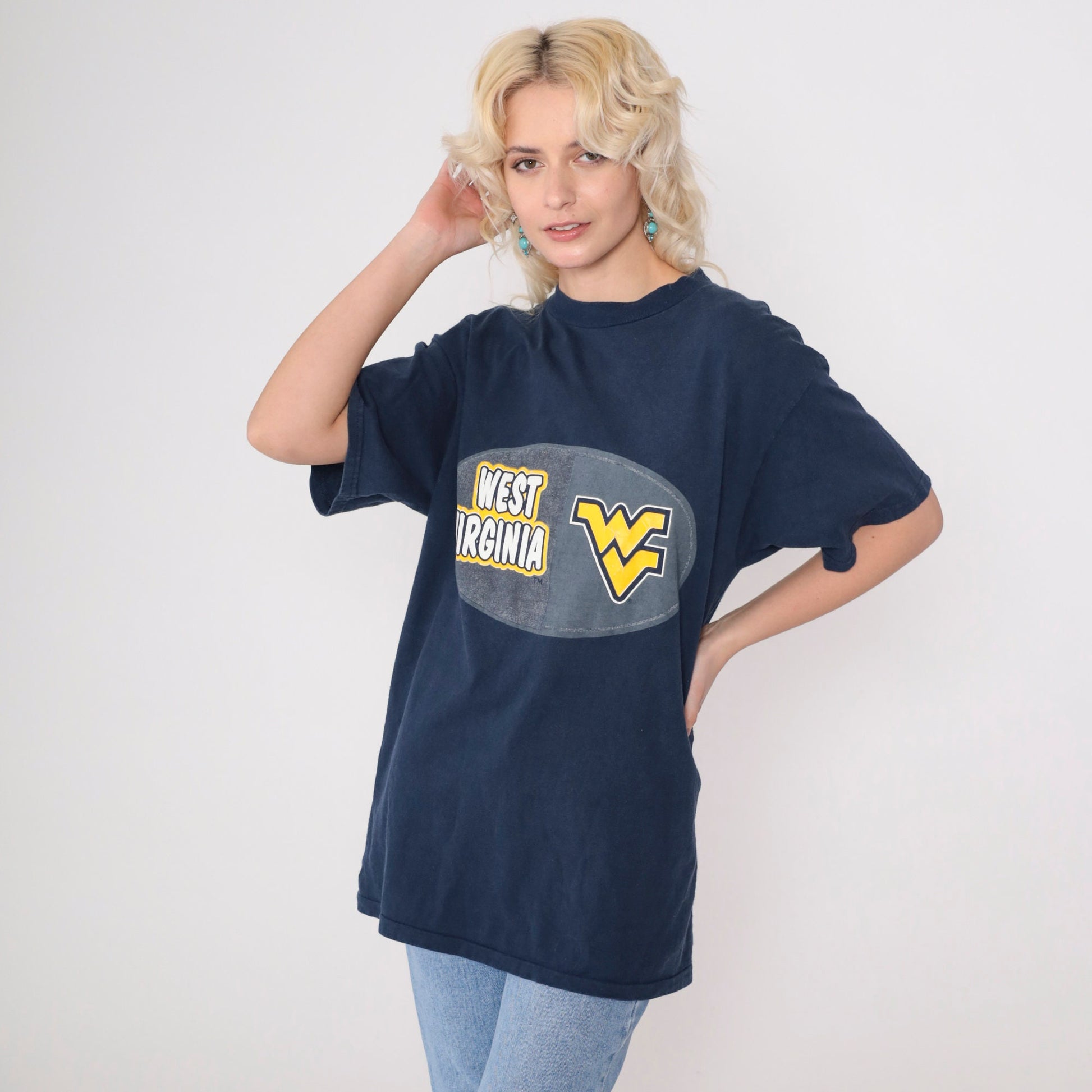 90s West Virginia University Mountaineer Graphic T-Shirt Navy Medium