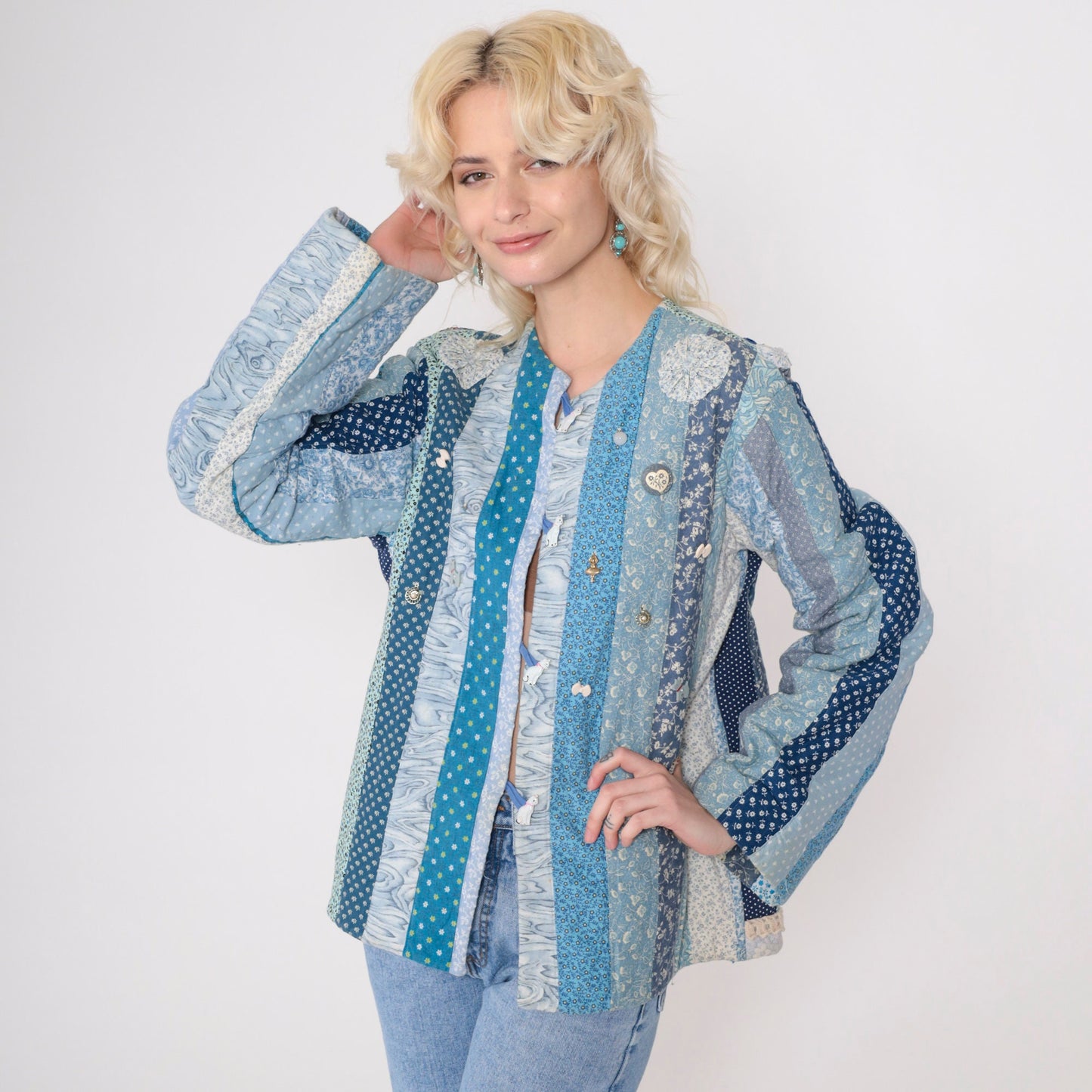 90s Patchwork Jacket Floral Quilt Blue Girl Cat Dog Button Charm Large L