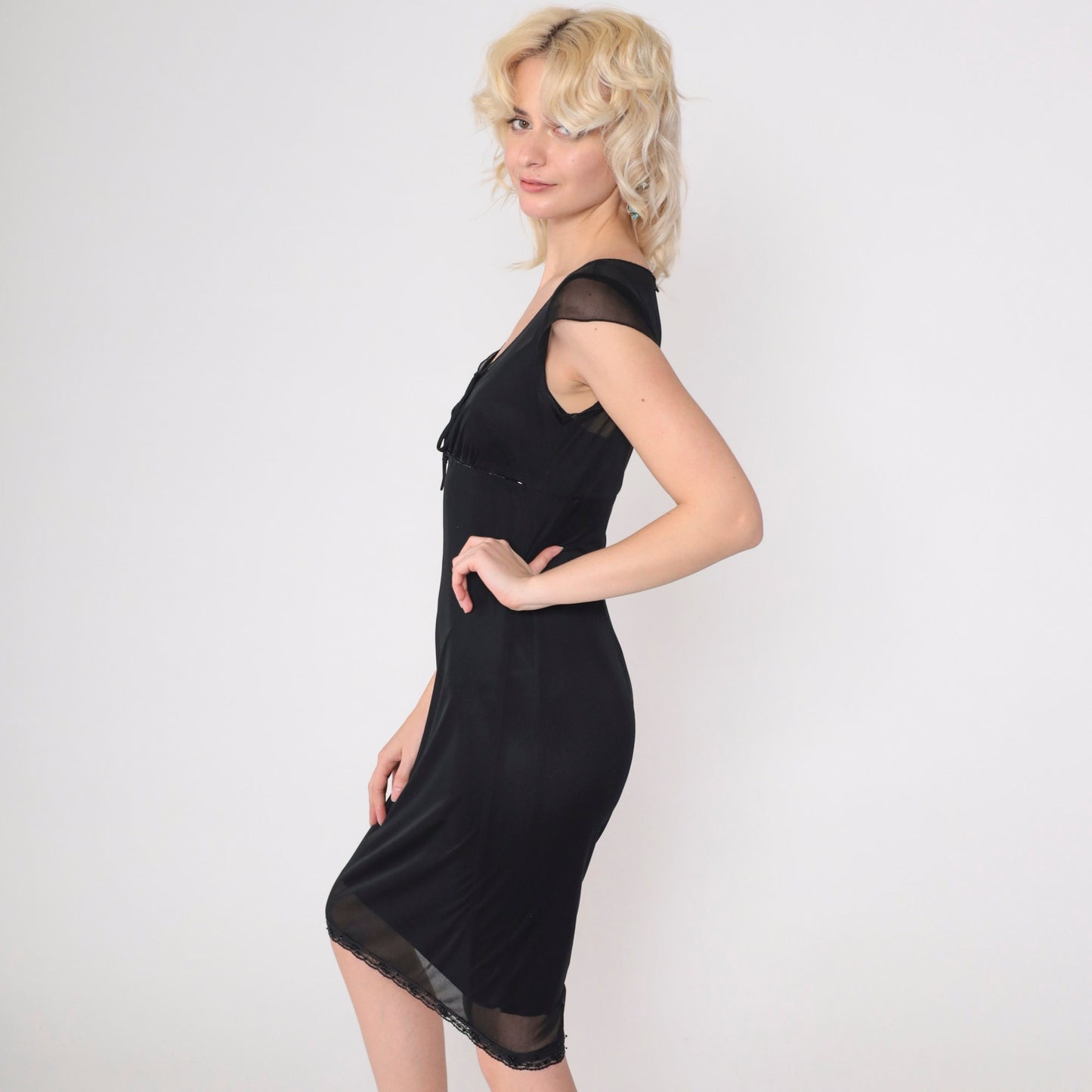 00s Black Beaded Midi Dress Sheer Cap Sleeve Empire Waist Keyhole Tie Neck Small