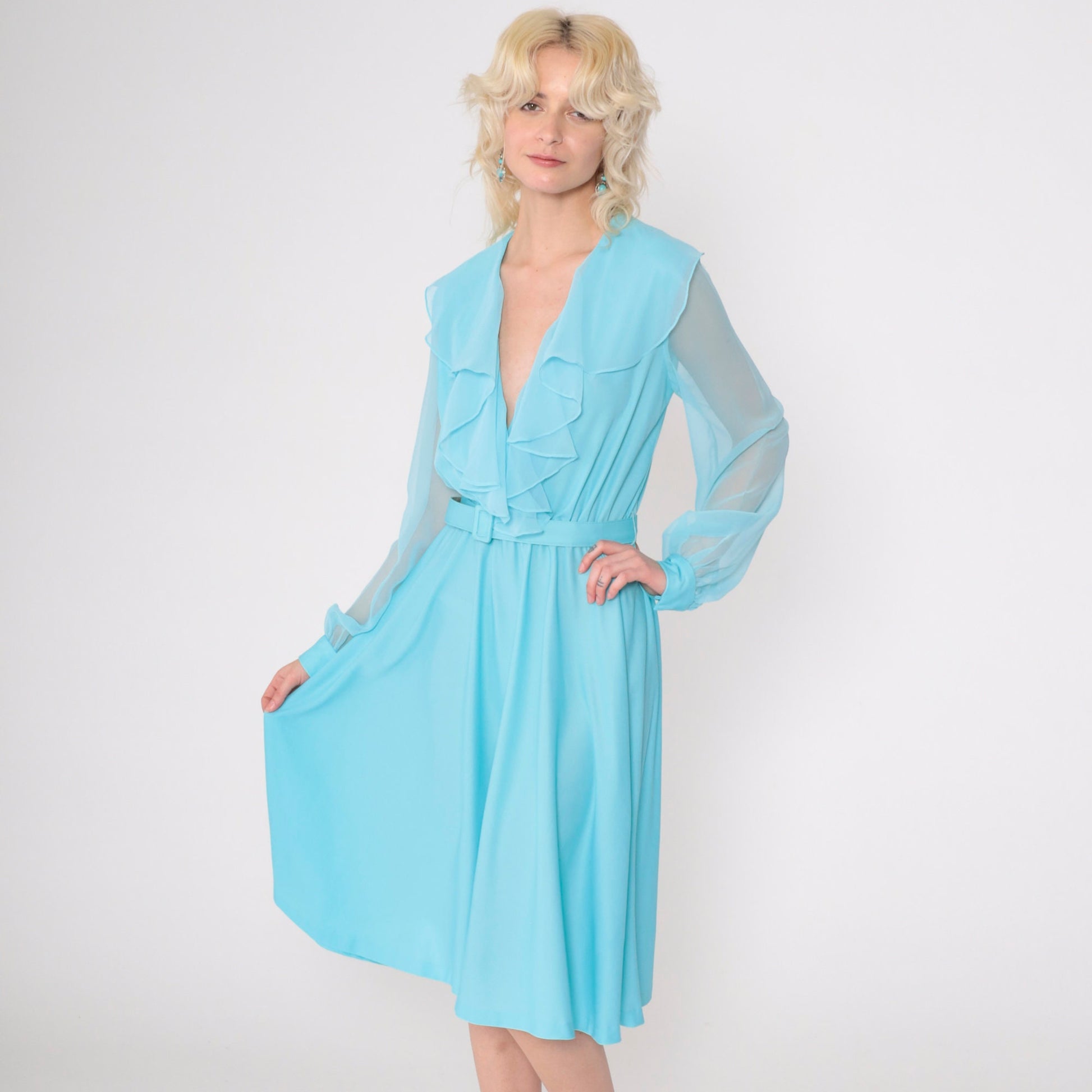 70s Blue Chiffon Midi Dress Ruffled V-Neck High Waist Sheer Sleeves Medium M
