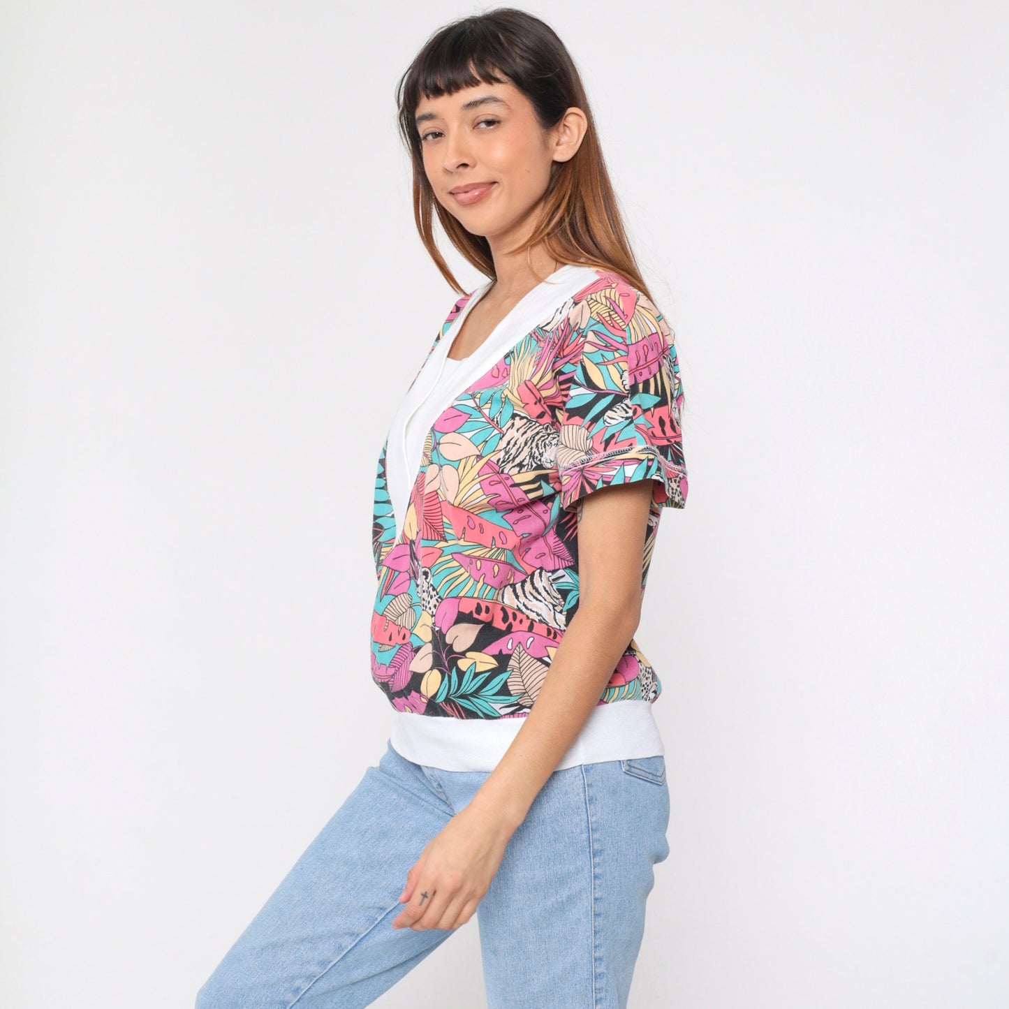 80s Jungle Animal Print V-Neck Shirt Tiger Leopard Safari Top Medium