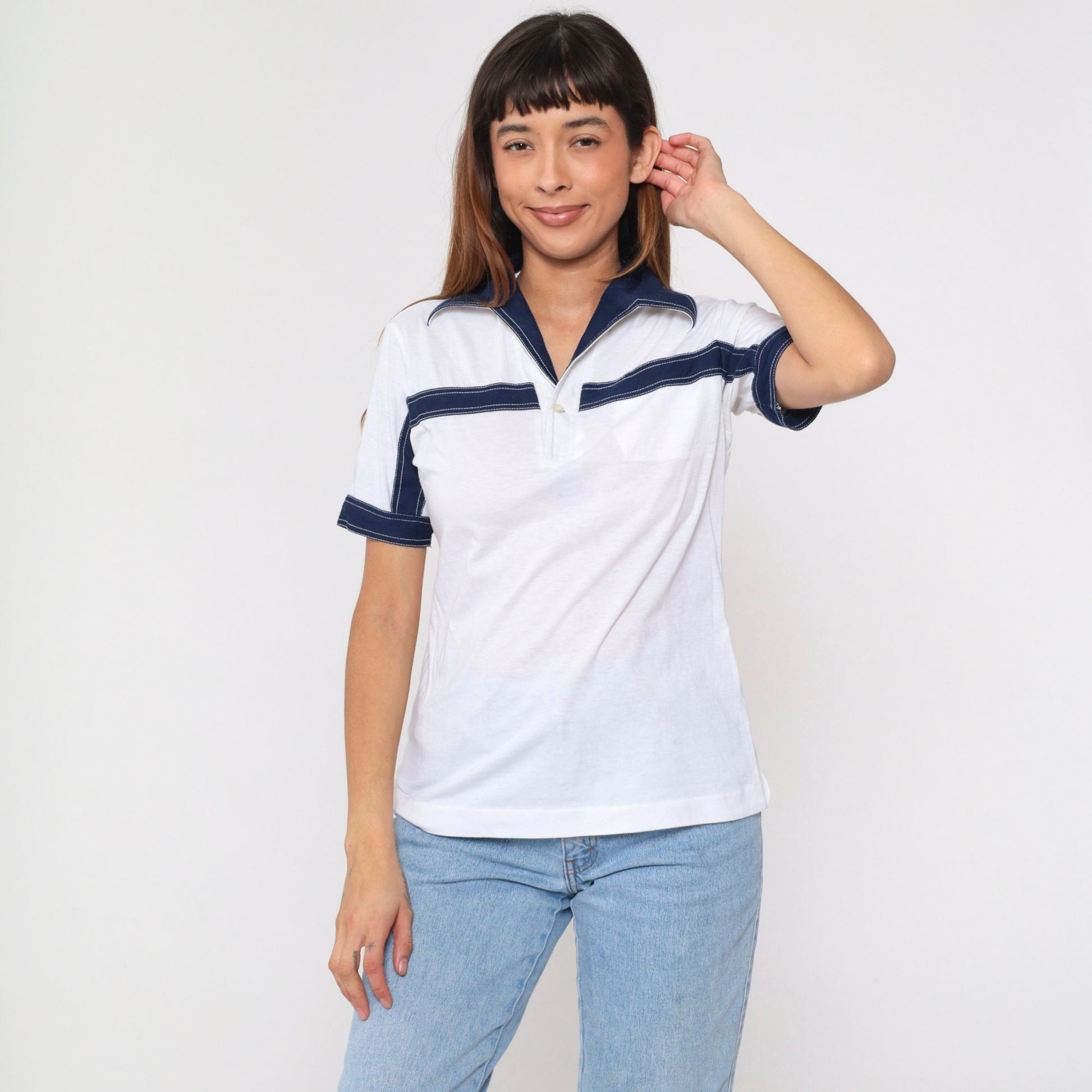 70s Striped Polo Shirt White Navy Blue Dagger Collar Short Sleeve Small
