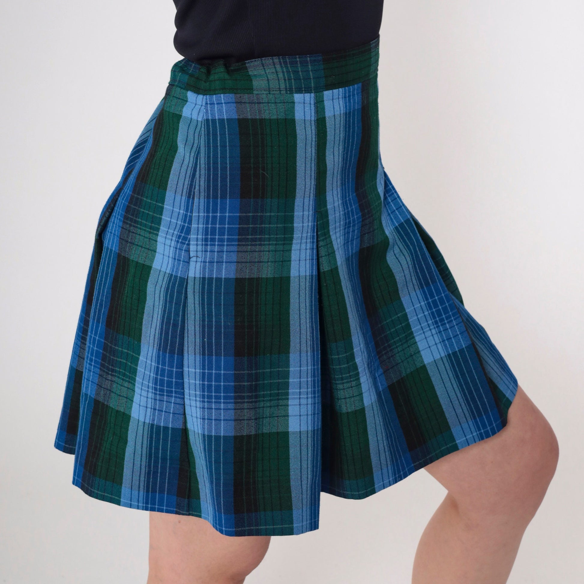 Y2K Plaid Mini Skirt High Waisted Pleated Blue Green Tartan Medium M