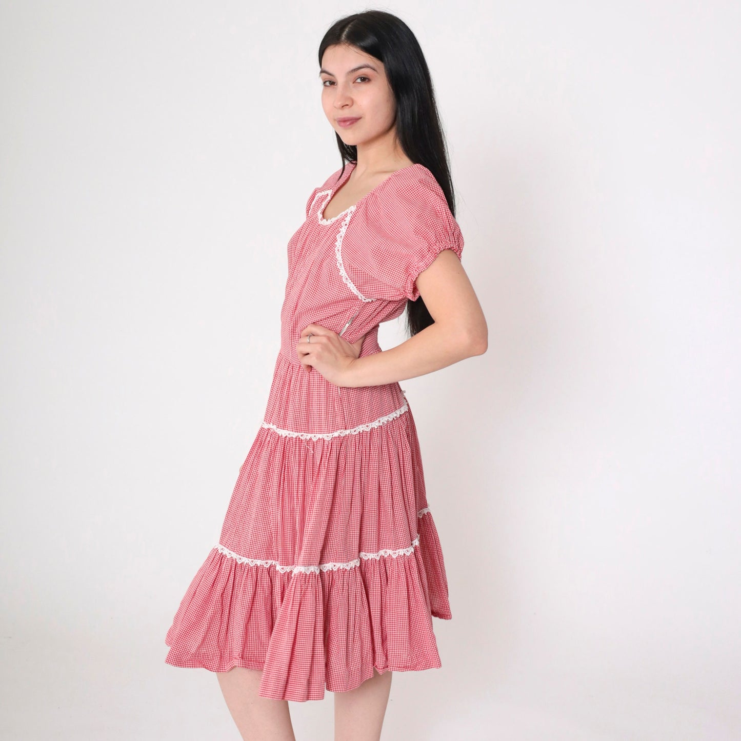 60s Red Gingham Prairie Dress Puff Sleeve Tiered Skirt High Waisted Small