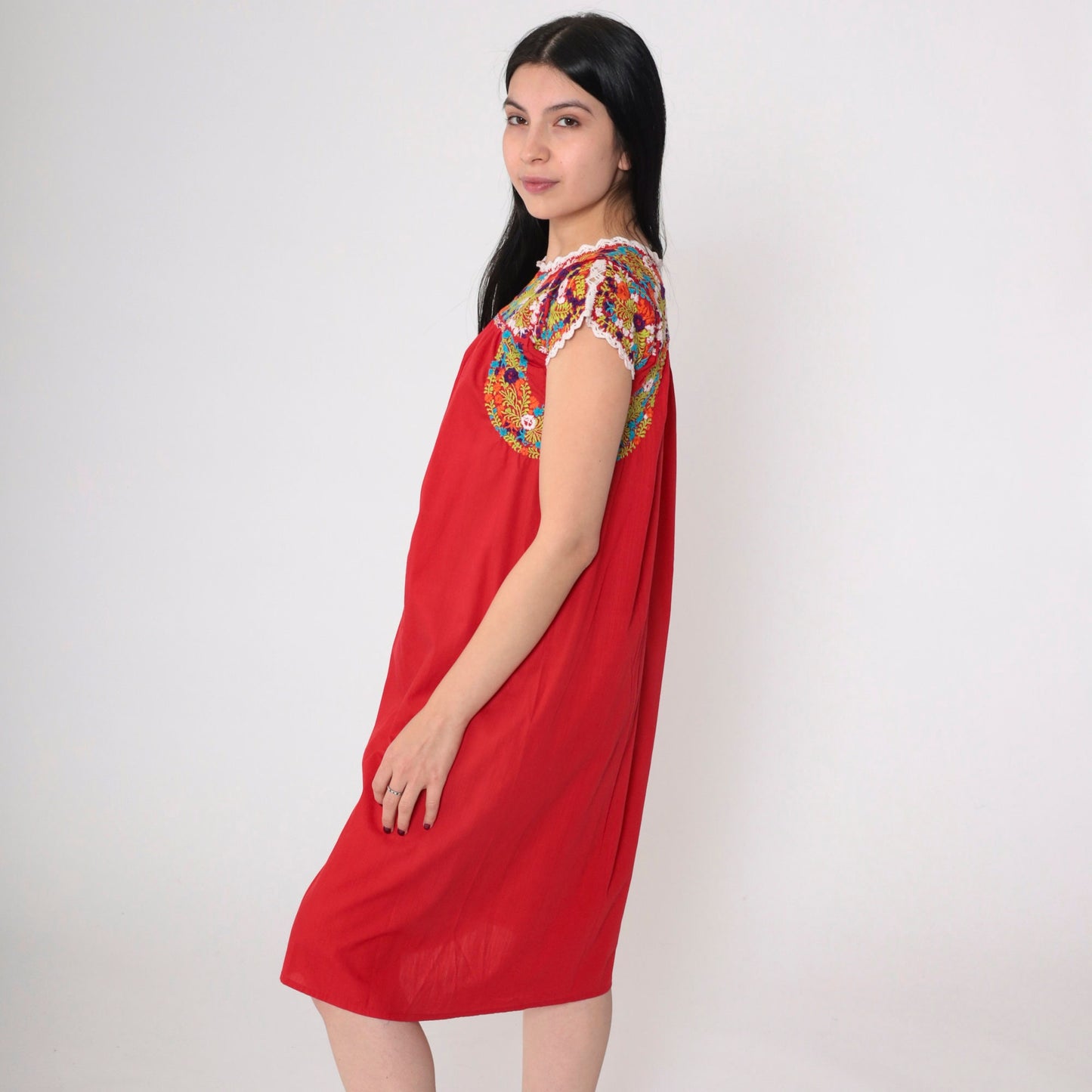 70s Oaxacan Embroidered Mini Dress Red Floral Cotton Cap Sleeve Small
