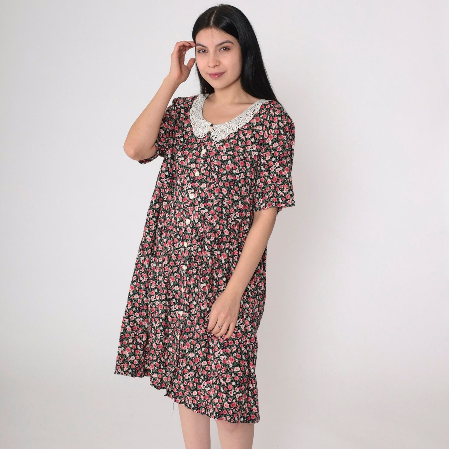 90s Kathie Lee Floral Mini Dress Lace Collar Button-Up Short Sleeve Medium