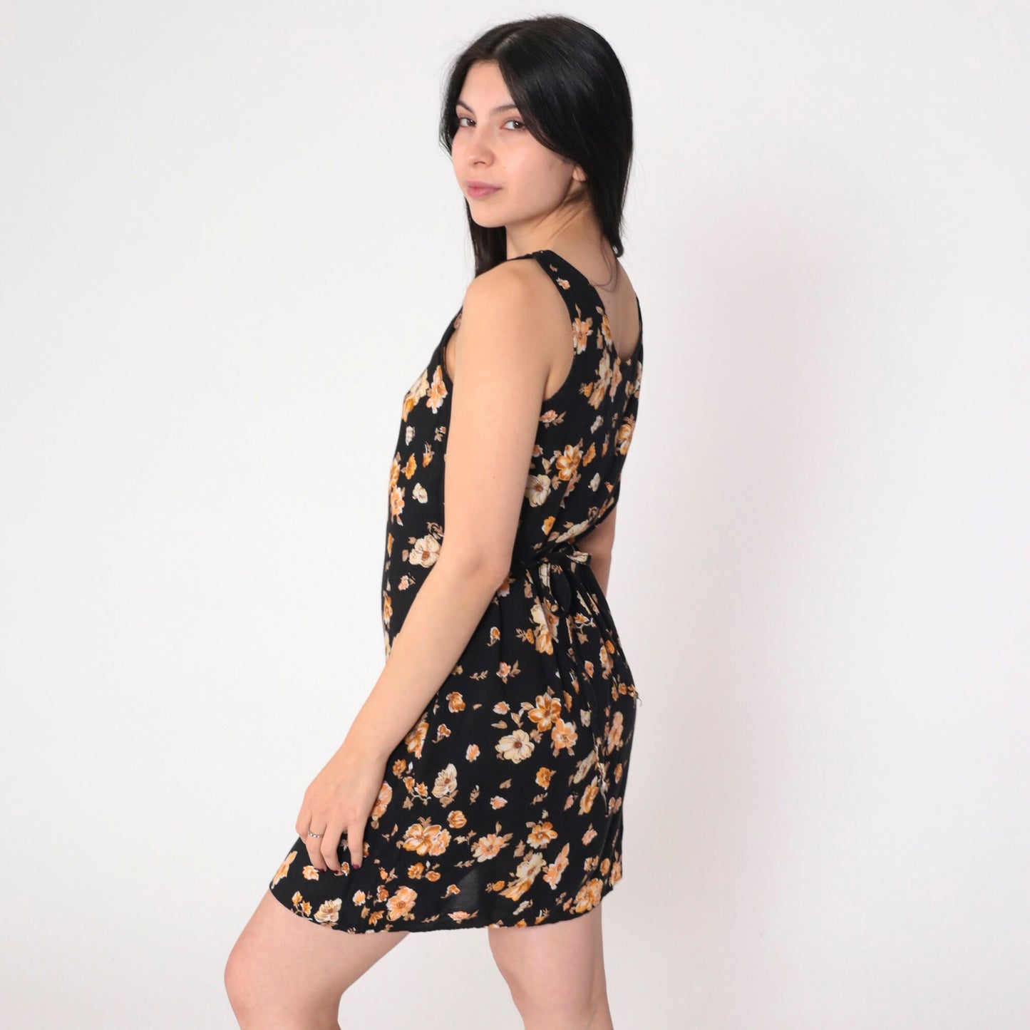 90s Black Floral Mini Dress Sleeveless Tie-Back Sundress Small S