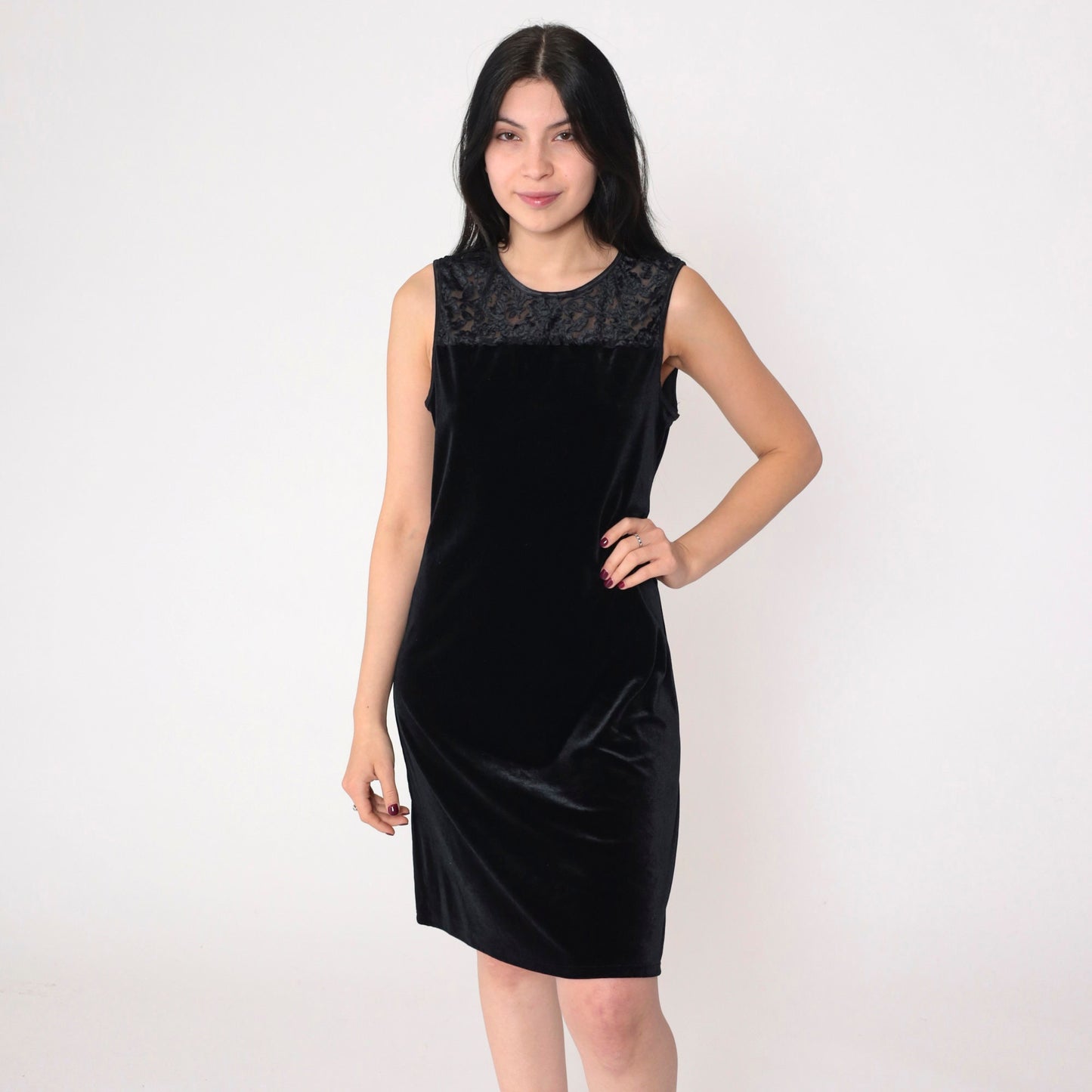 00s Black Velvet Mini Dress Y2K Floral Burnout Sleeveless Shift Large L
