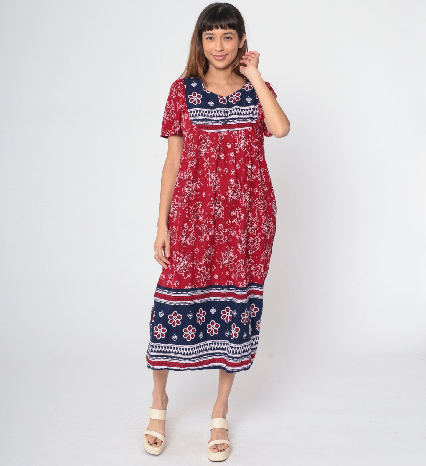 90s Red Floral Handkerchief Print Cotton Midi Dress Puff Sleeve Small