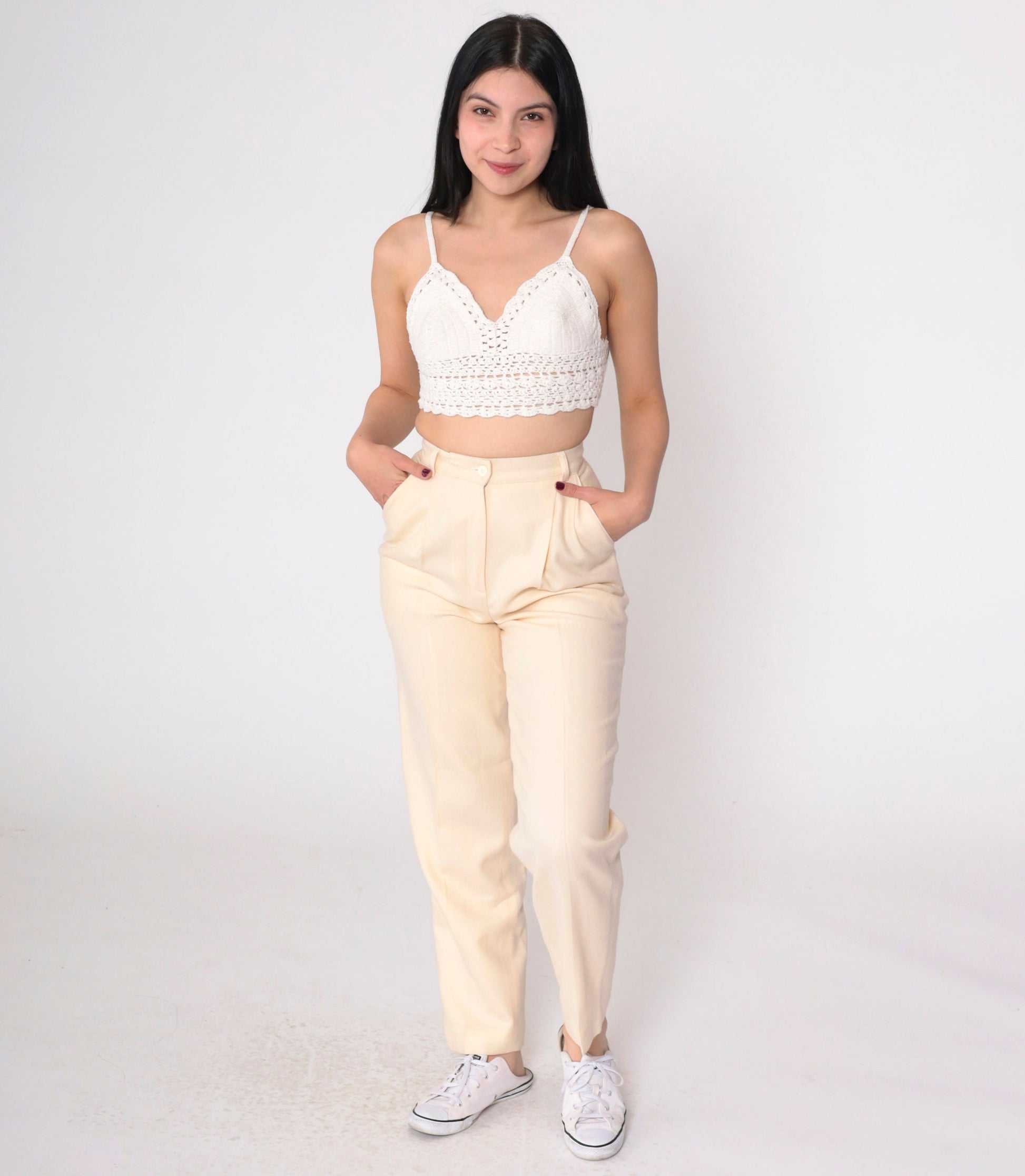 80s Jennifer Moore Cream Wool Pleated Trousers High Waisted Tapered Extra Small