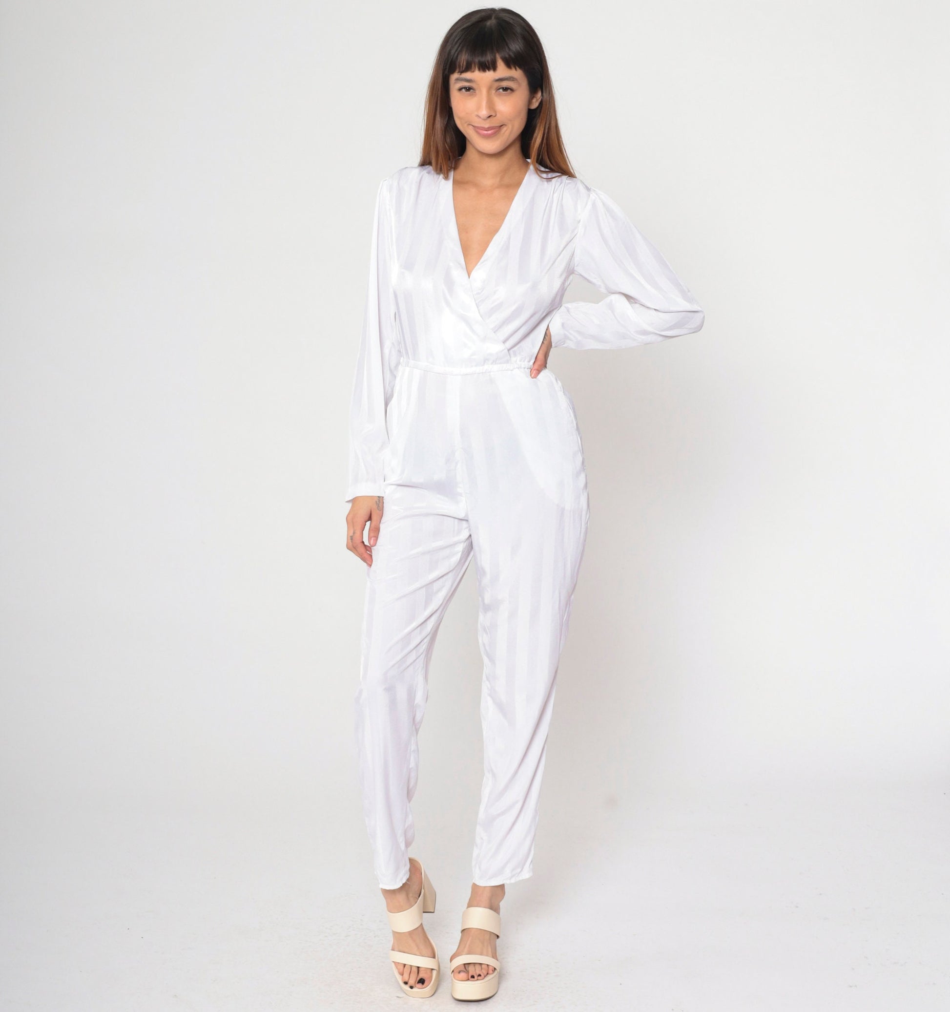 80s White Striped Puff Sleeve Jumpsuit V Neck Tapered Pantsuit Small S