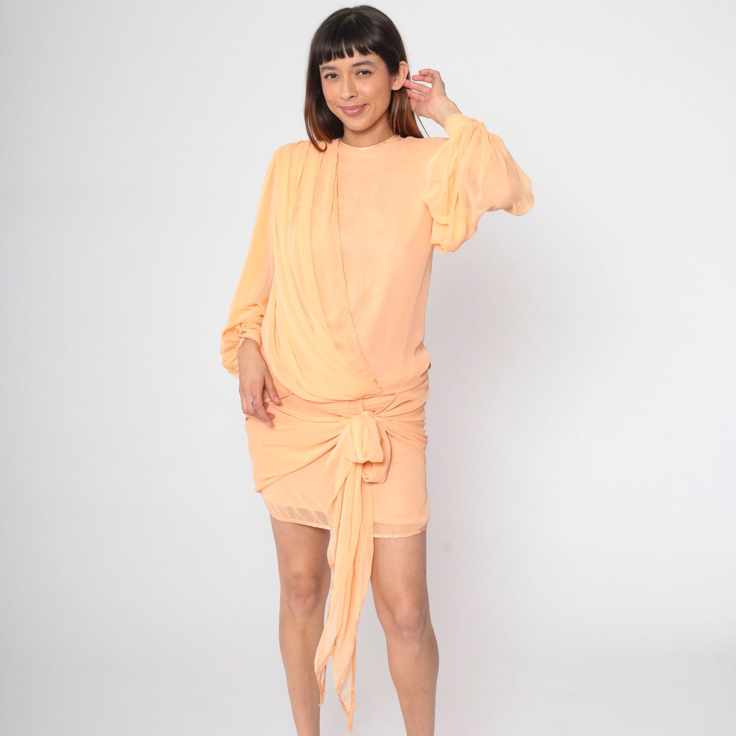 80s Peach Chiffon Shift Dress Puff Sleeve Draped Bodice Small