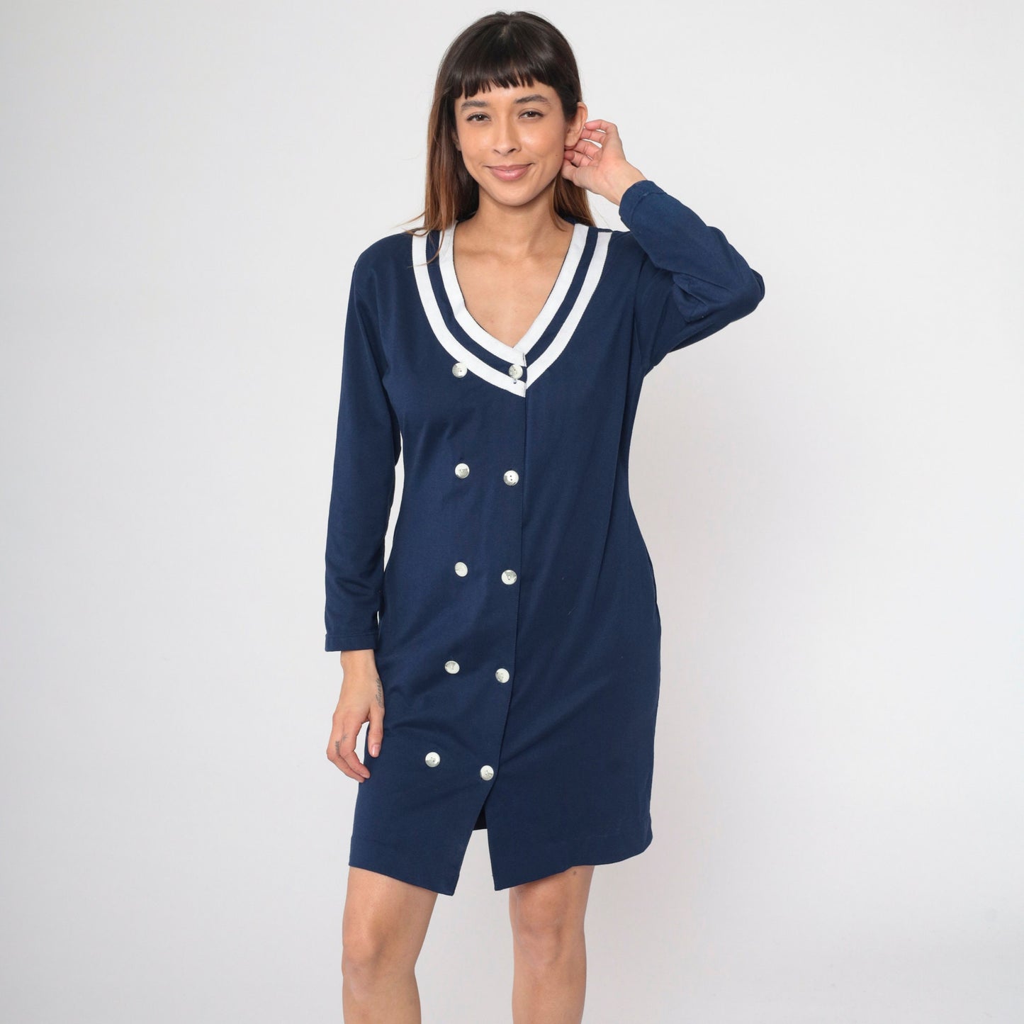 90s Navy Double Breasted Shirtdress White Striped Mini Long Sleeve Medium