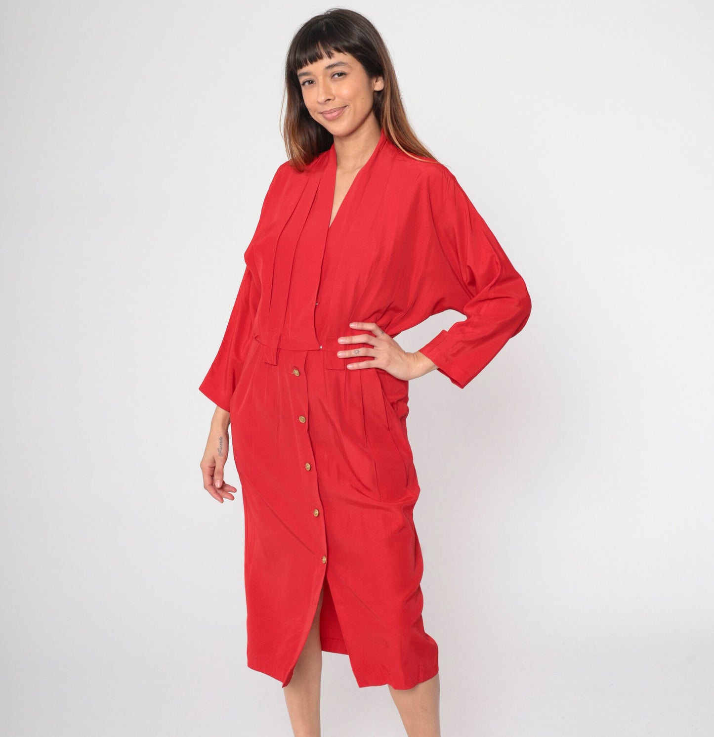 90s Red Button-Up Midi Dress Dolman Sleeve High Waist Faux Wrap Small 6