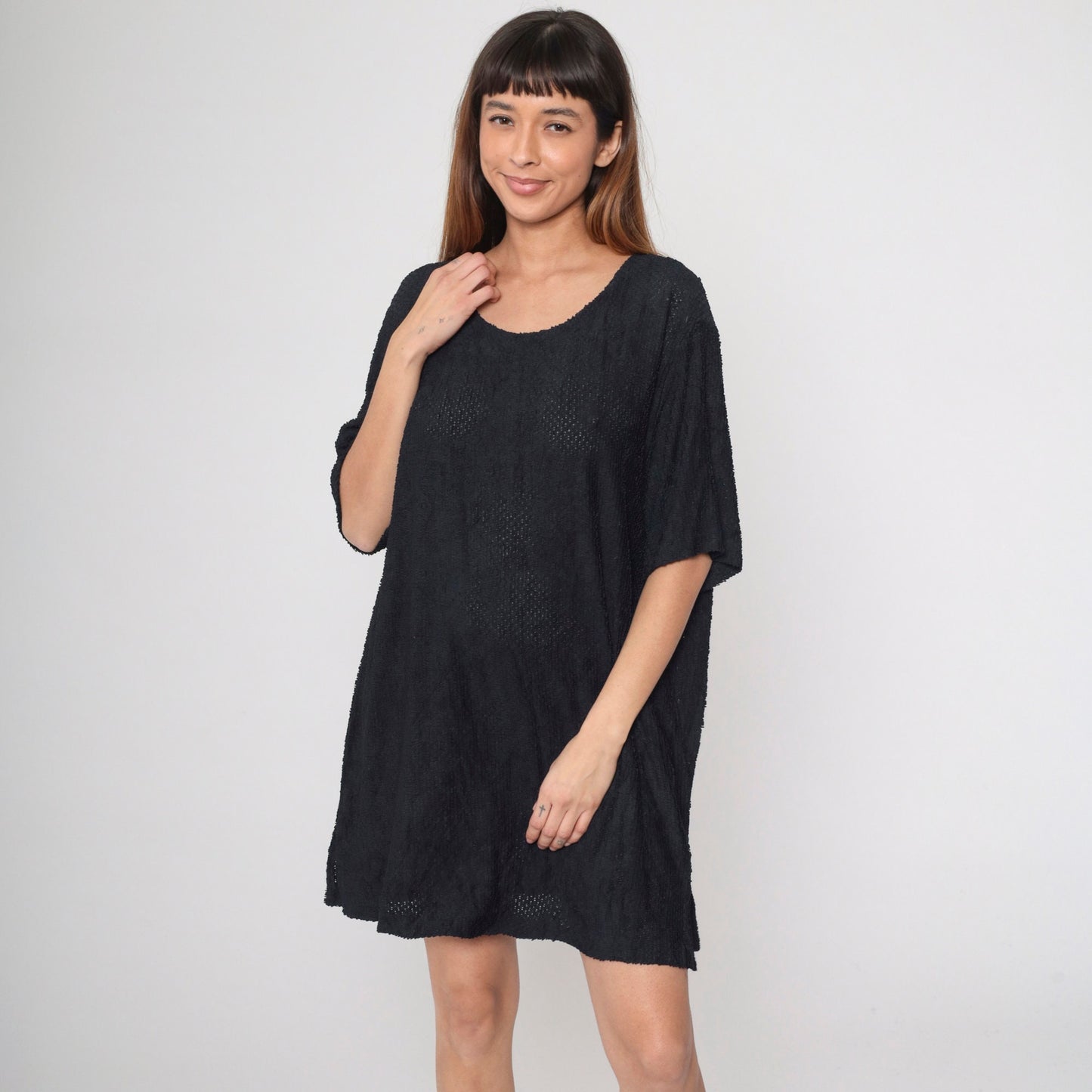 90s Black Semi-Sheer Openwork Shift Dress Plus Size XXL