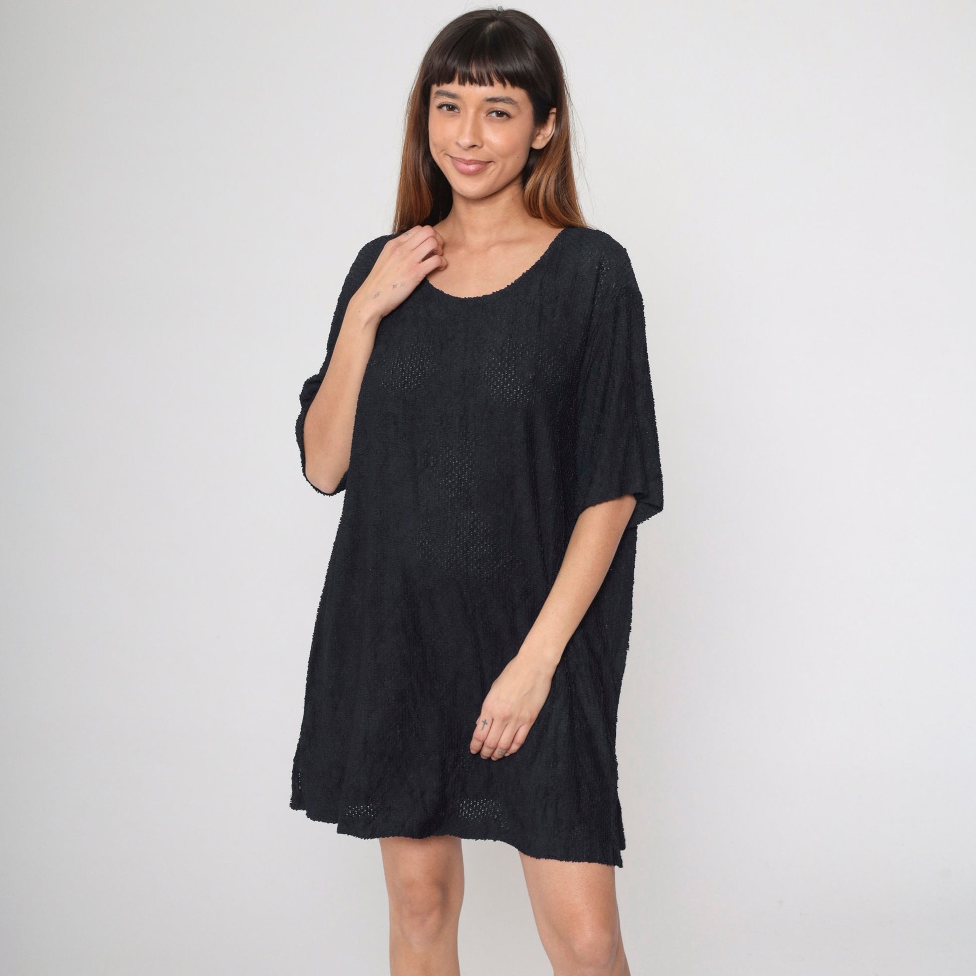 90s Black Semi-Sheer Openwork Shift Dress Plus Size XXL