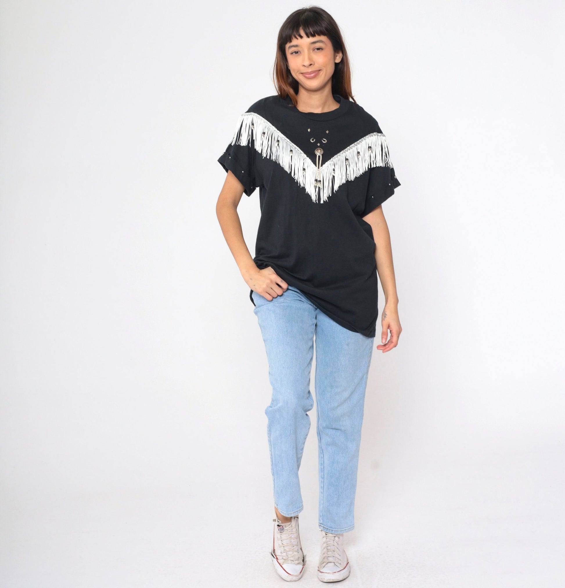 90s Southwest Fringe T-Shirt Black Studded Horseshoe Concho Cotton Medium