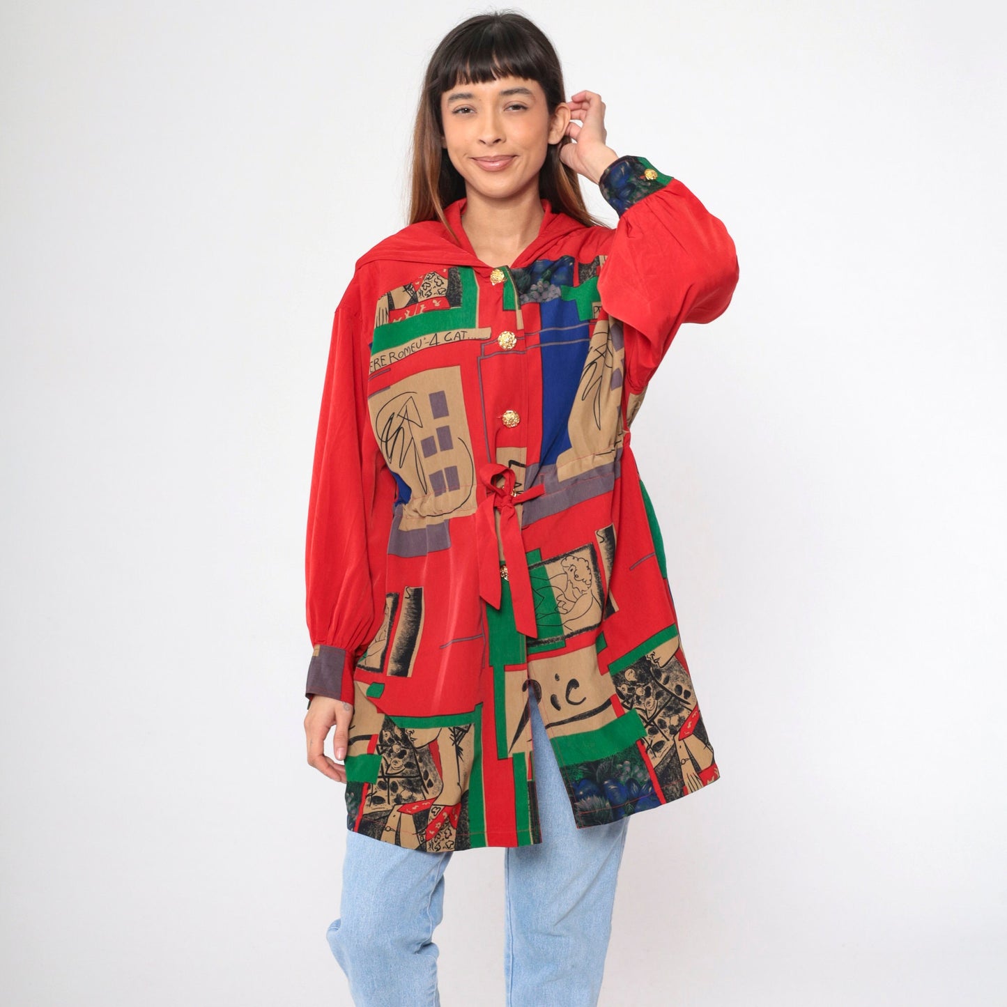 90s Picasso Barcelona Art Hooded Jacket Red Button-Up Drawstring Waist Large L