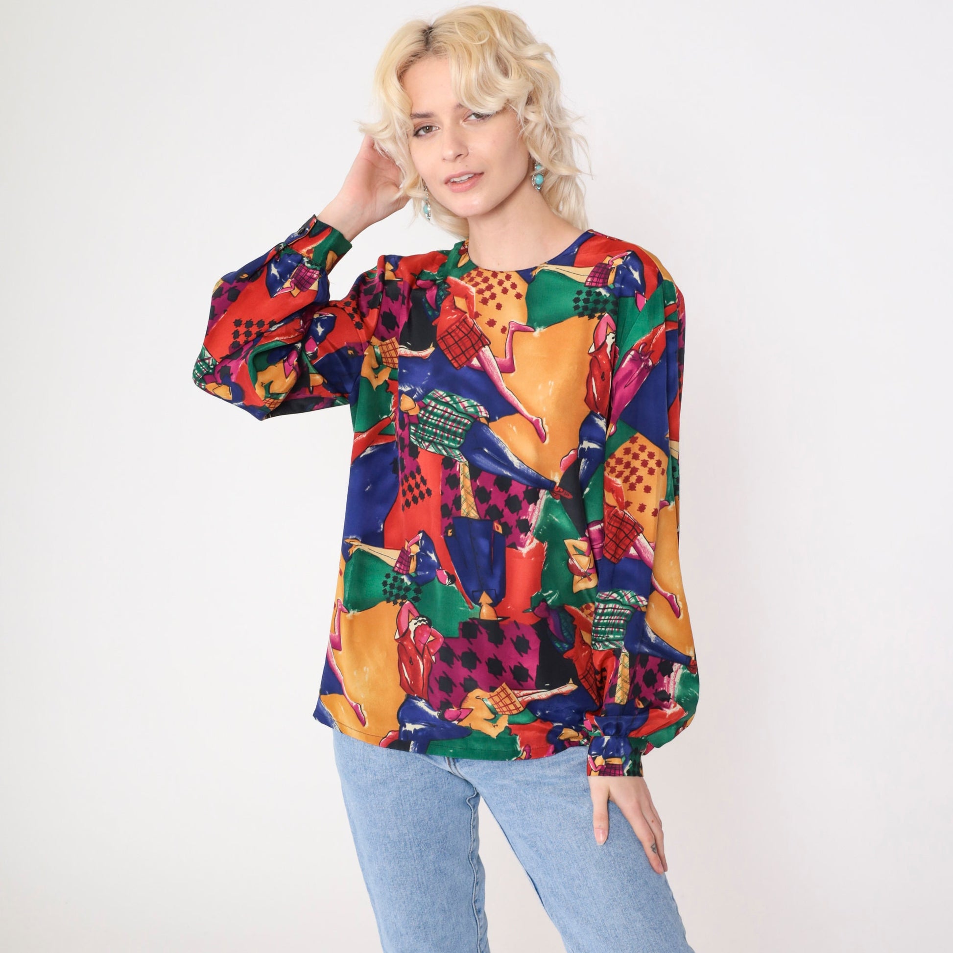 90s Checkered Runway Model Print Blouse Multicolor Long Sleeve Large