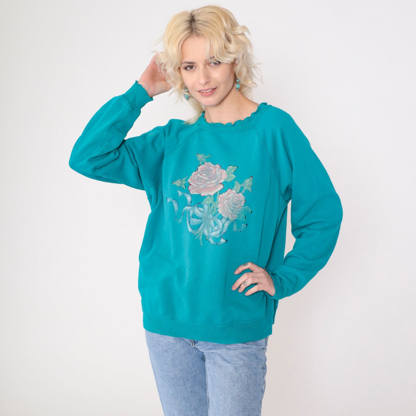 90s Hanes Her Way Turquoise Floral Glitter Sweatshirt Lettuce Edge Medium