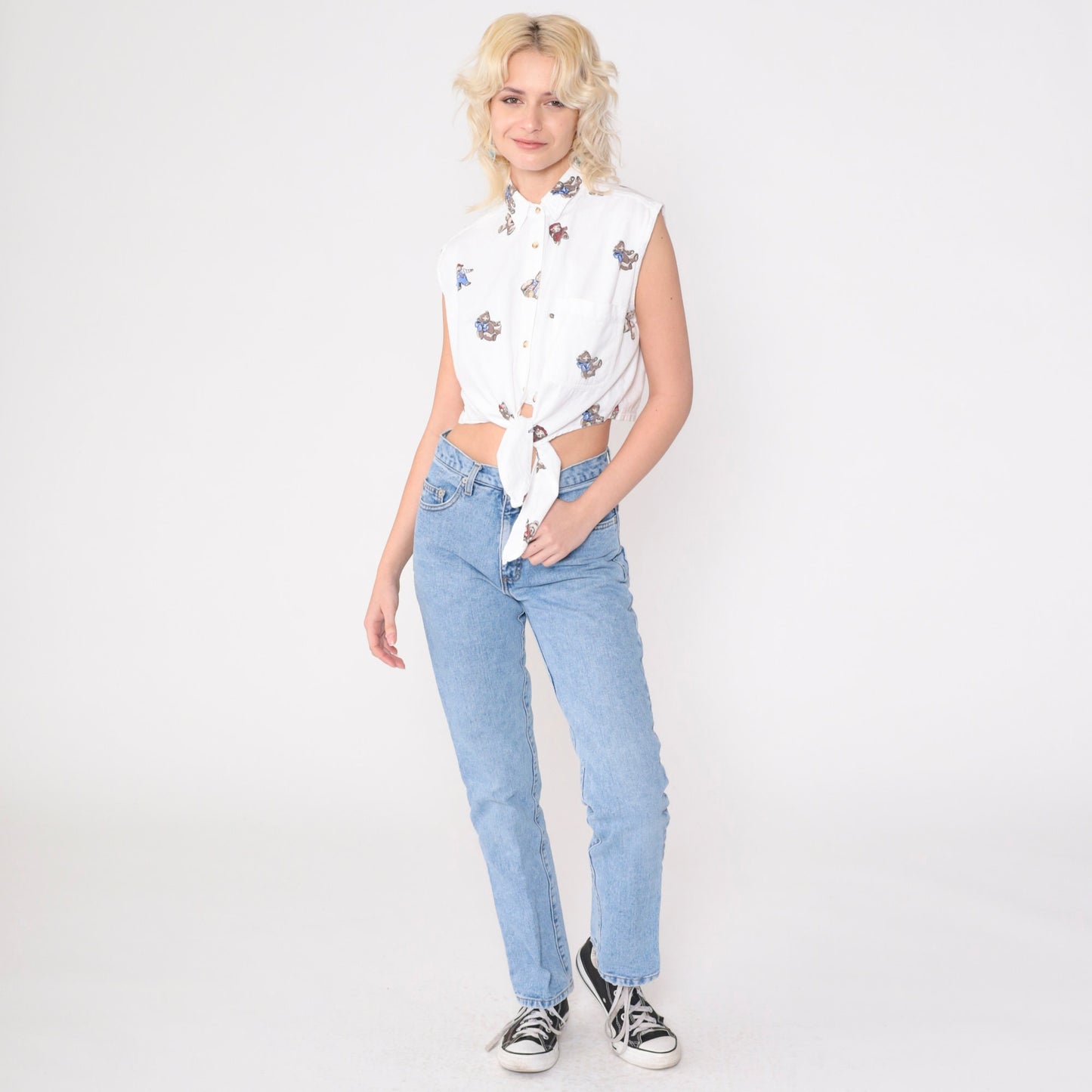 90s Teddy Bear Crop Top Sleeveless Button Down Blouse White Cotton Small