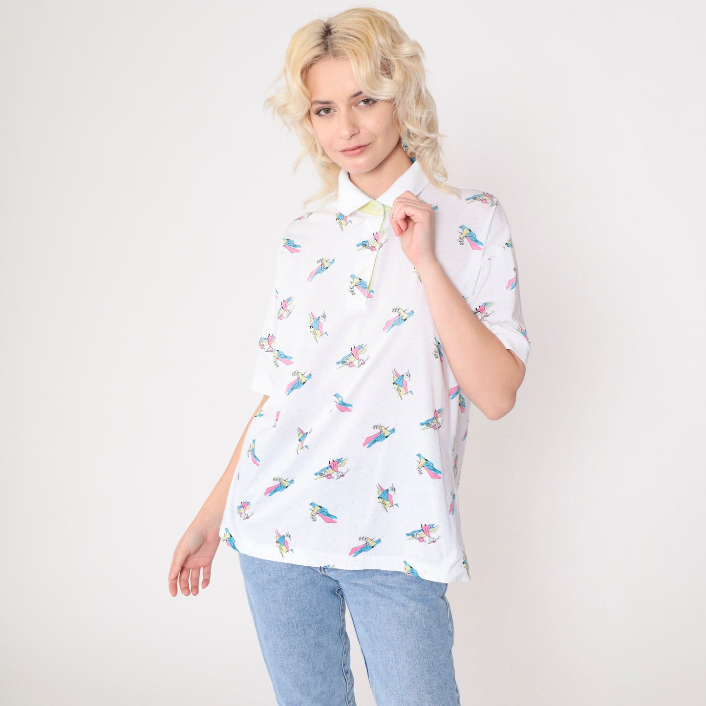 90s La Mode Women's Golf Polo Shirt White Graphic Collared Cotton Medium