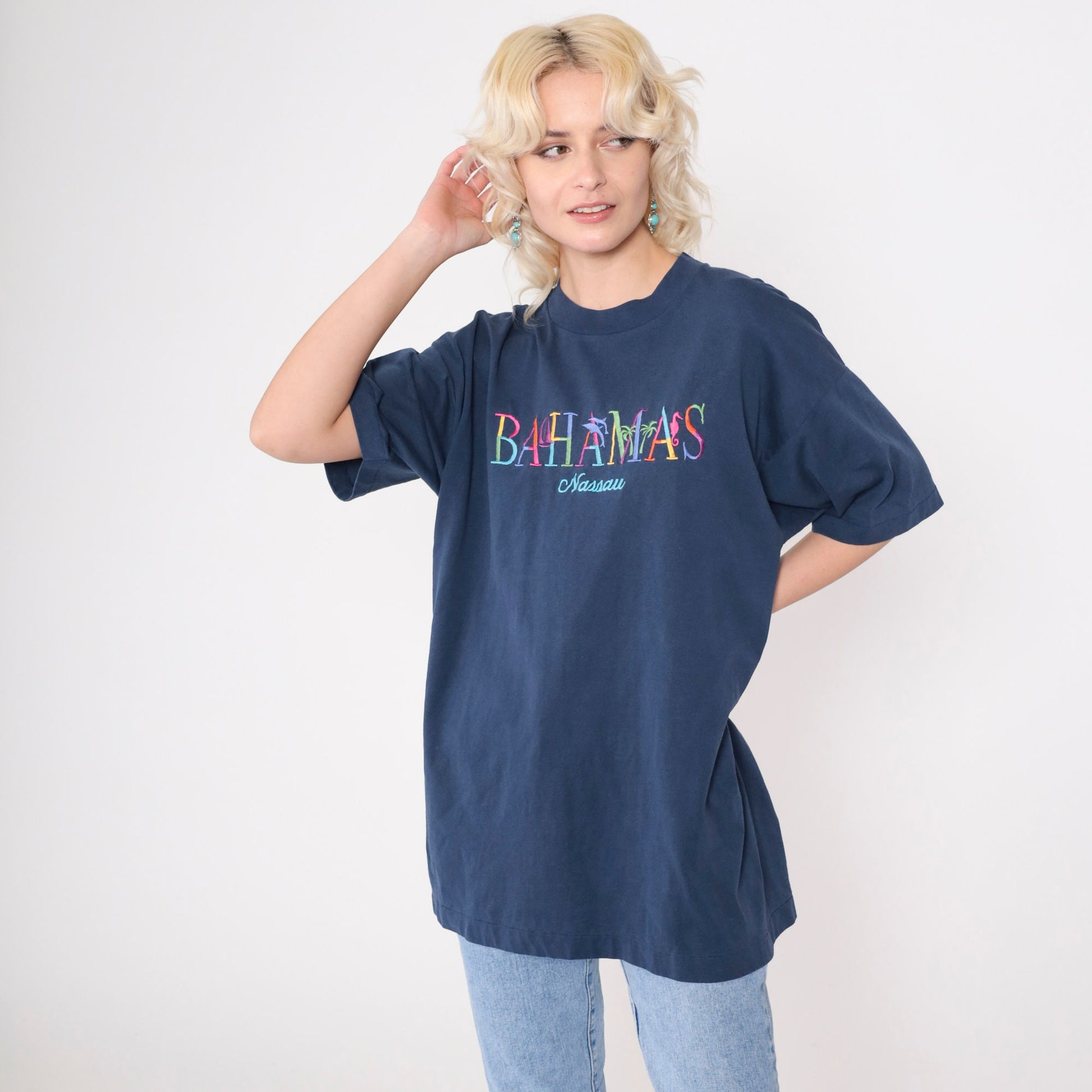 90s Nassau Bahamas Embroidered Graphic Tee Dolphin Palm Navy Extra Large