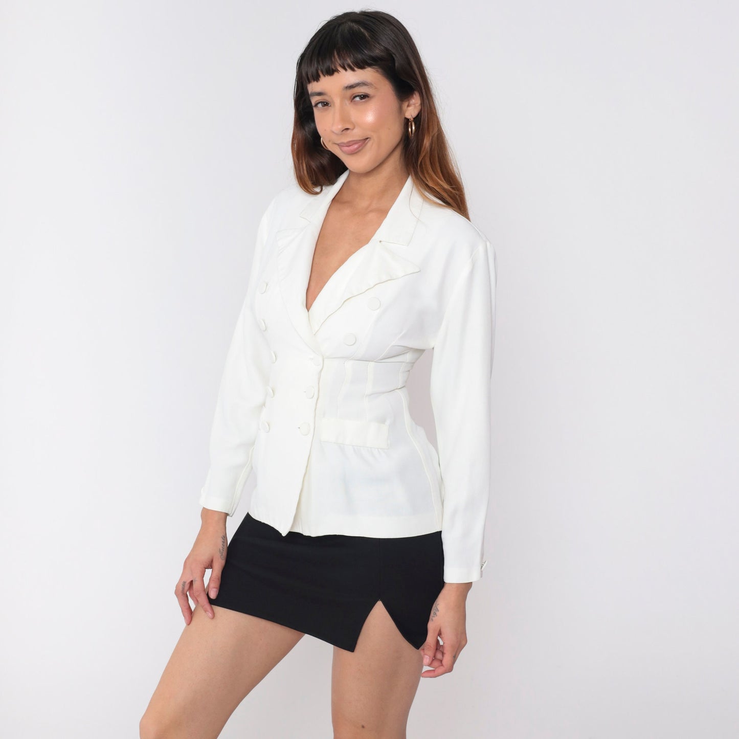90s White Double Breasted Blazer Peak Lapel Princess Seam Small S