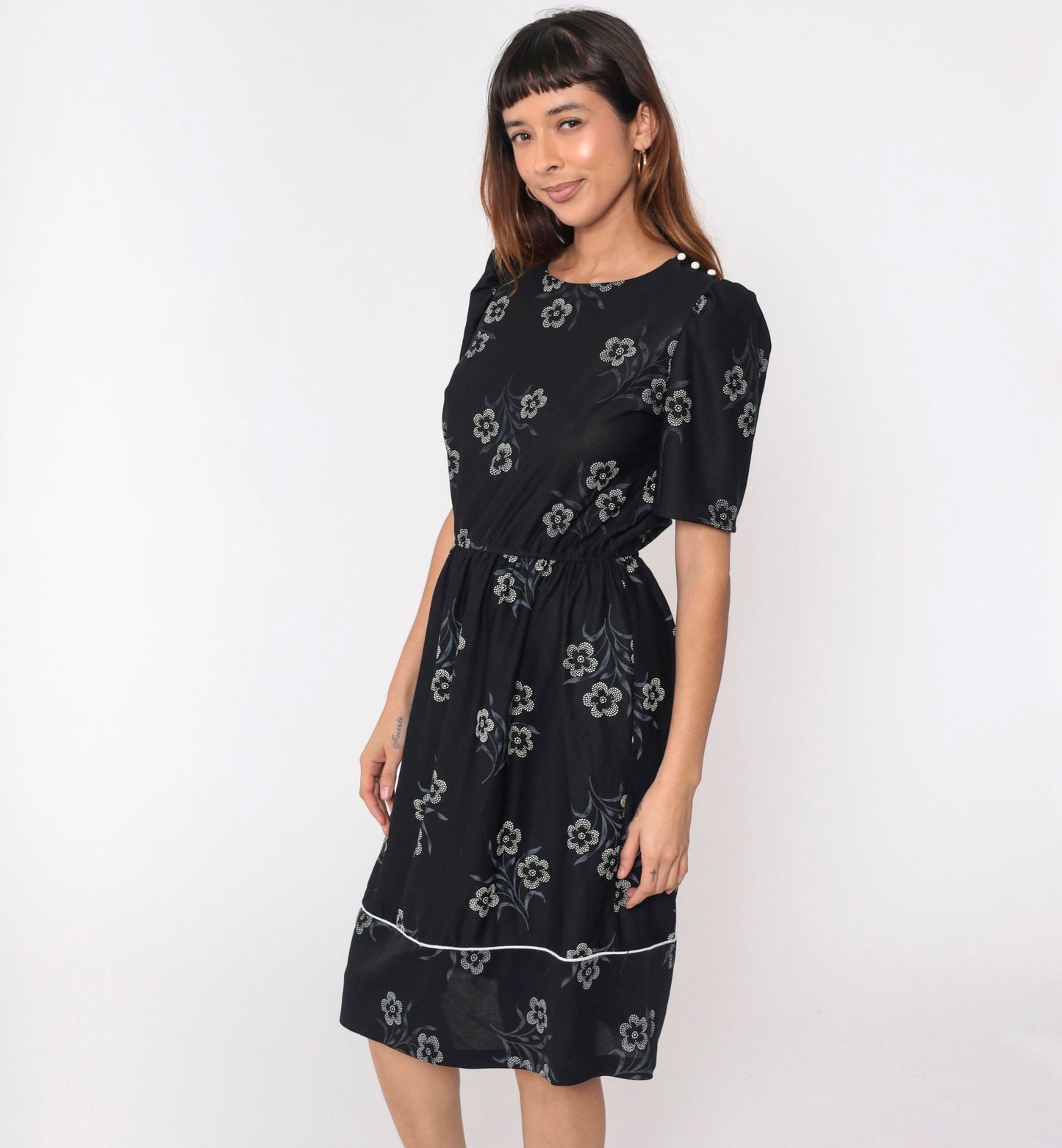 80s Black Floral Midi Dress Puff Sleeve High Waist Button Shoulder Medium