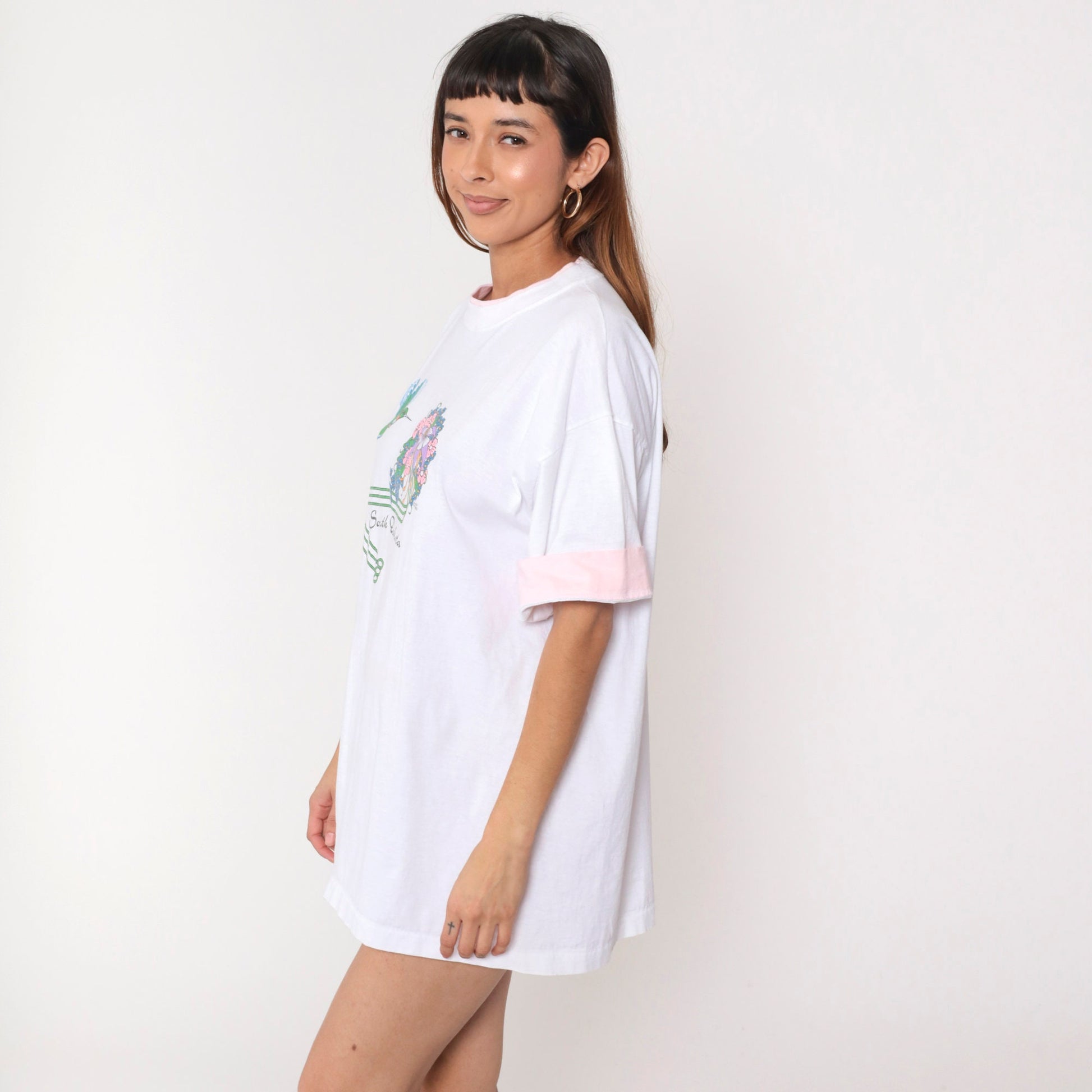80s South Dakota Hummingbird Floral Graphic T-Shirt White Cotton Extra Large XL