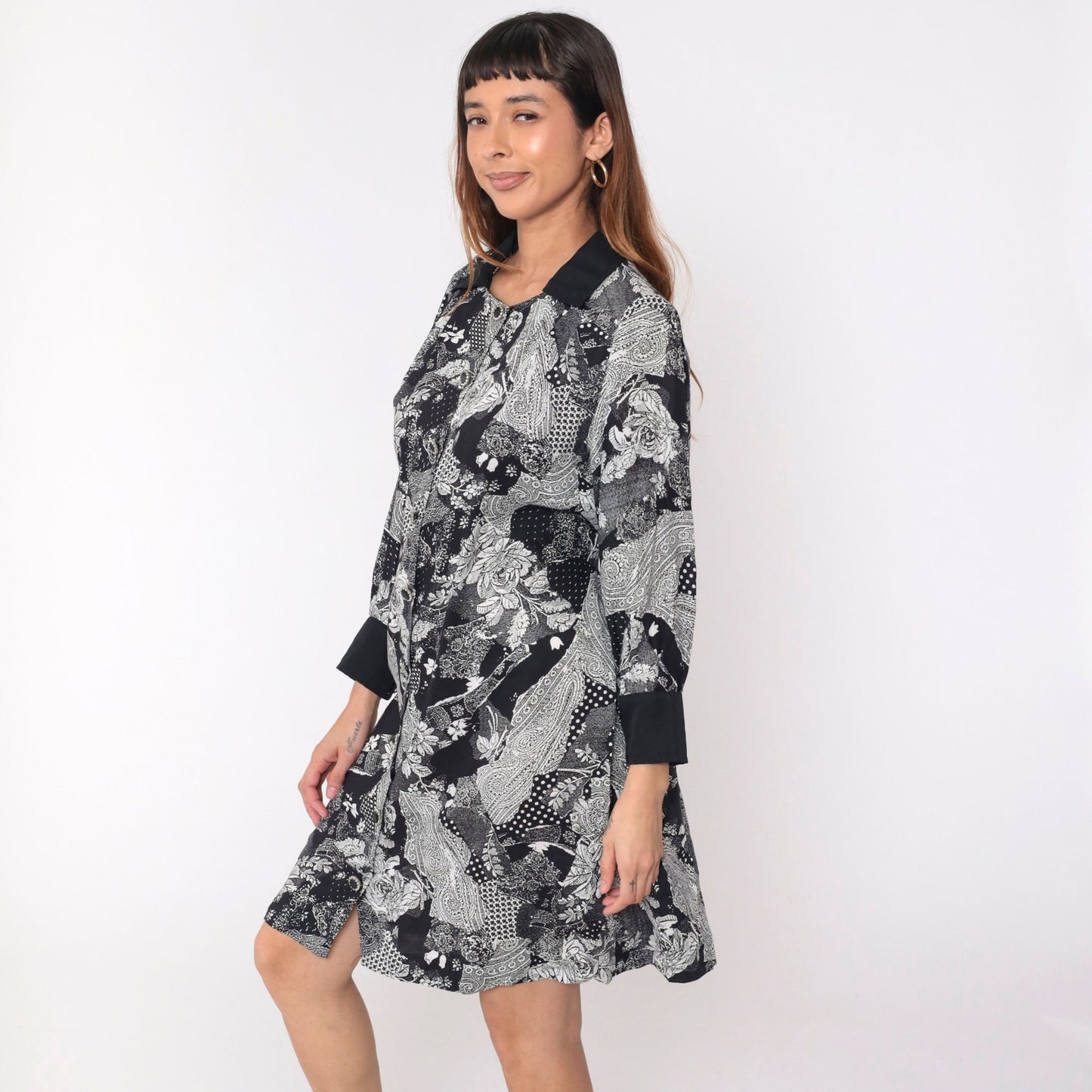 90s Patchwork Paisley Floral Mini Dress Black White Button Up Long Sleeve Medium