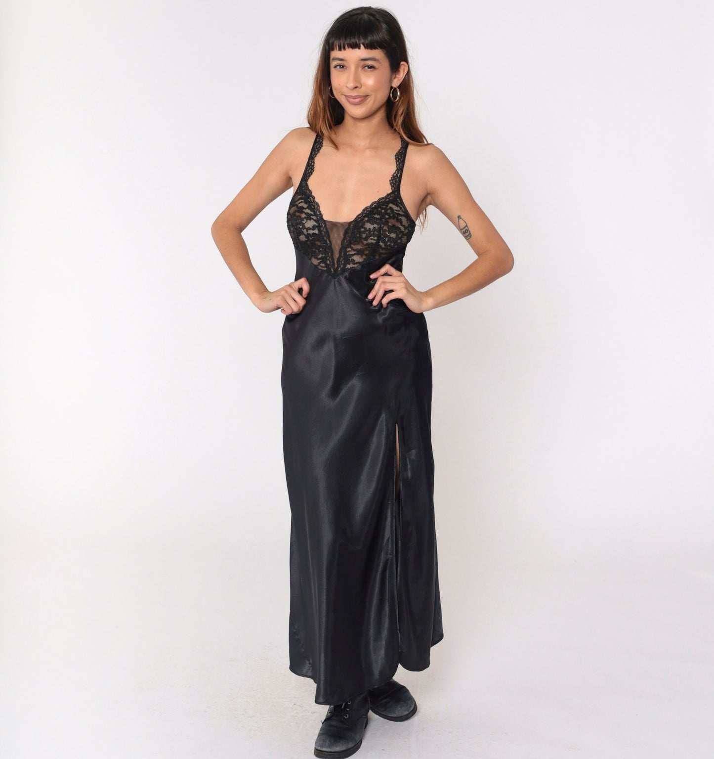Y2K Victoria's Secret Black Satin Lace Slip Dress Maxi Deep V Sheer Small