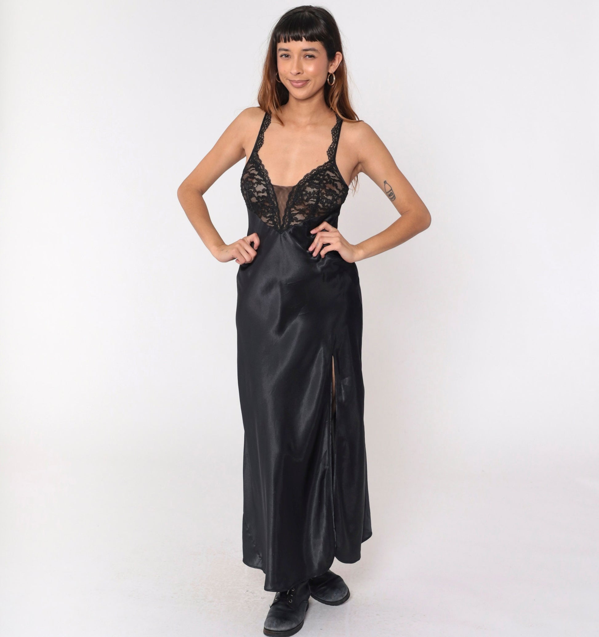 Y2K Victoria's Secret Black Satin Lace Slip Dress Maxi Deep V Sheer Small