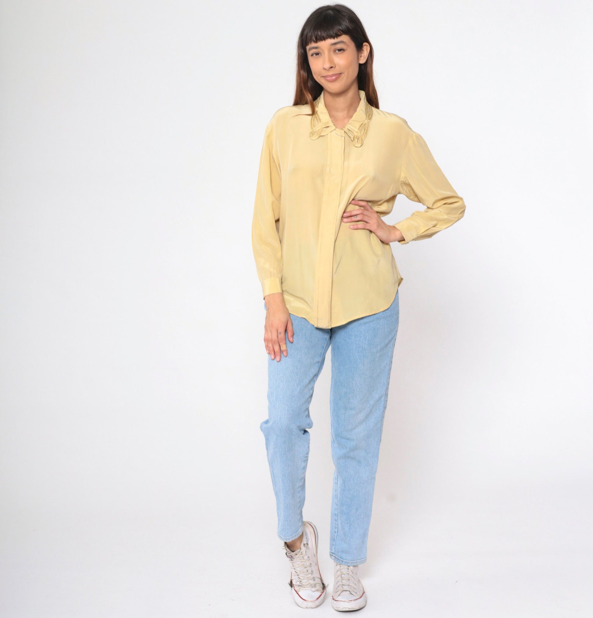 90s Rafaella Silk Cutwork Blouse Yellow Long Sleeve Hidden Button Small