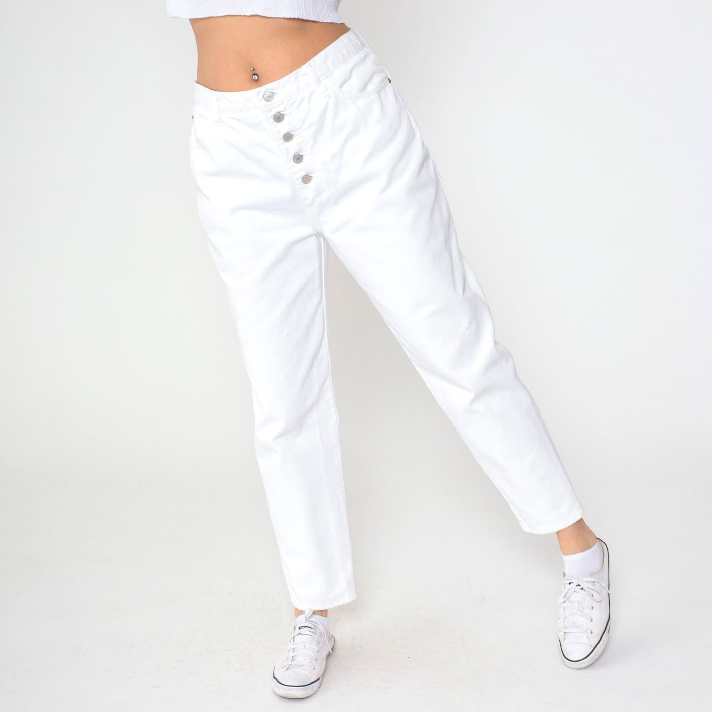 90s White High-Waisted Tapered Jeans Exposed Button Fly Cotton Denim Large