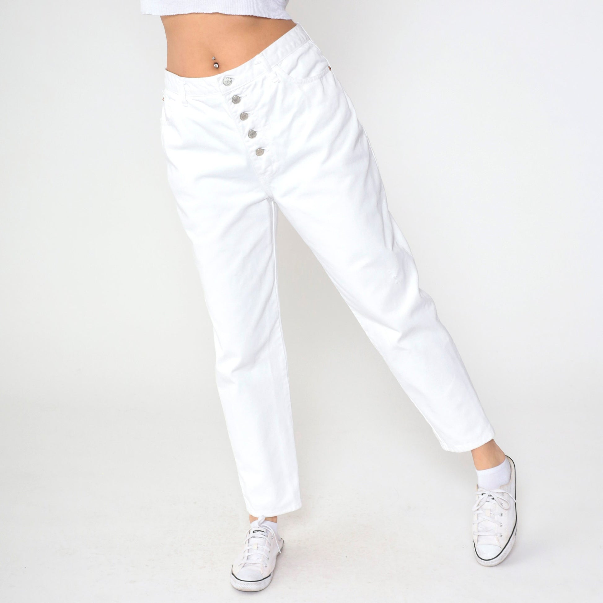 90s White High-Waisted Tapered Jeans Exposed Button Fly Cotton Denim Large