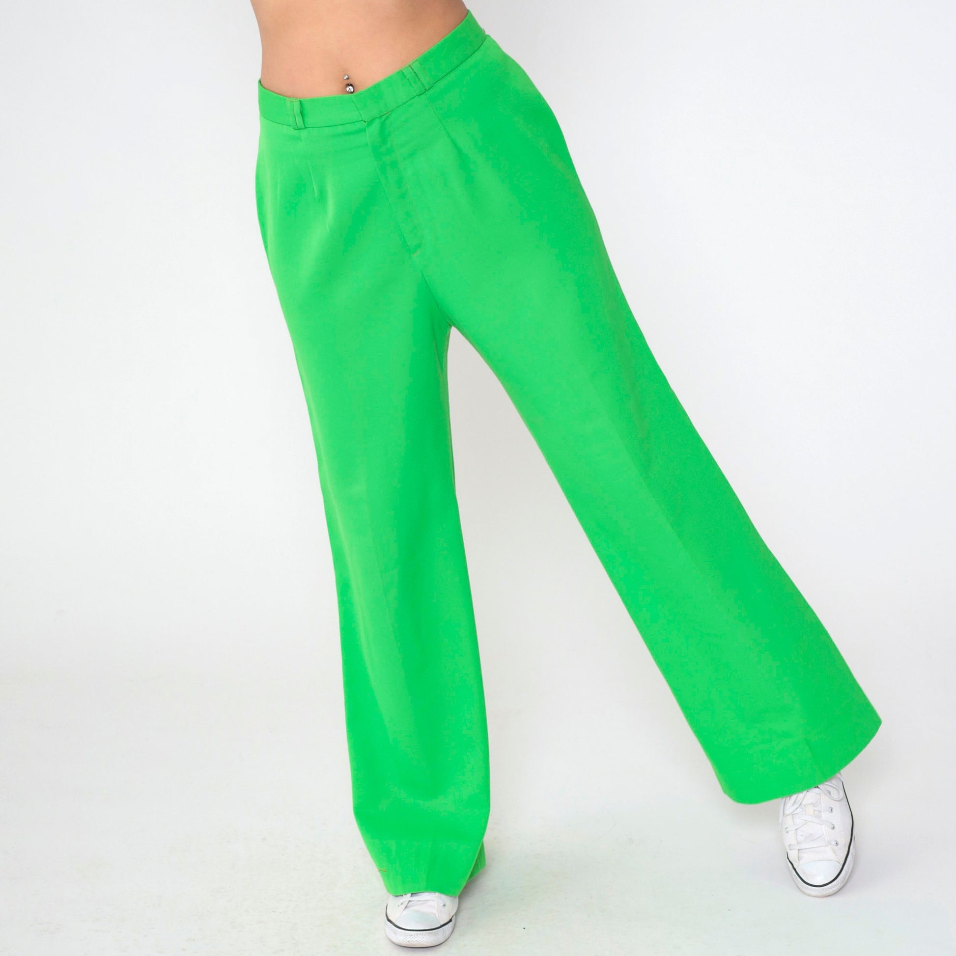 70s Bright Green Bell Bottom Pants High Waist Flared Trousers Medium