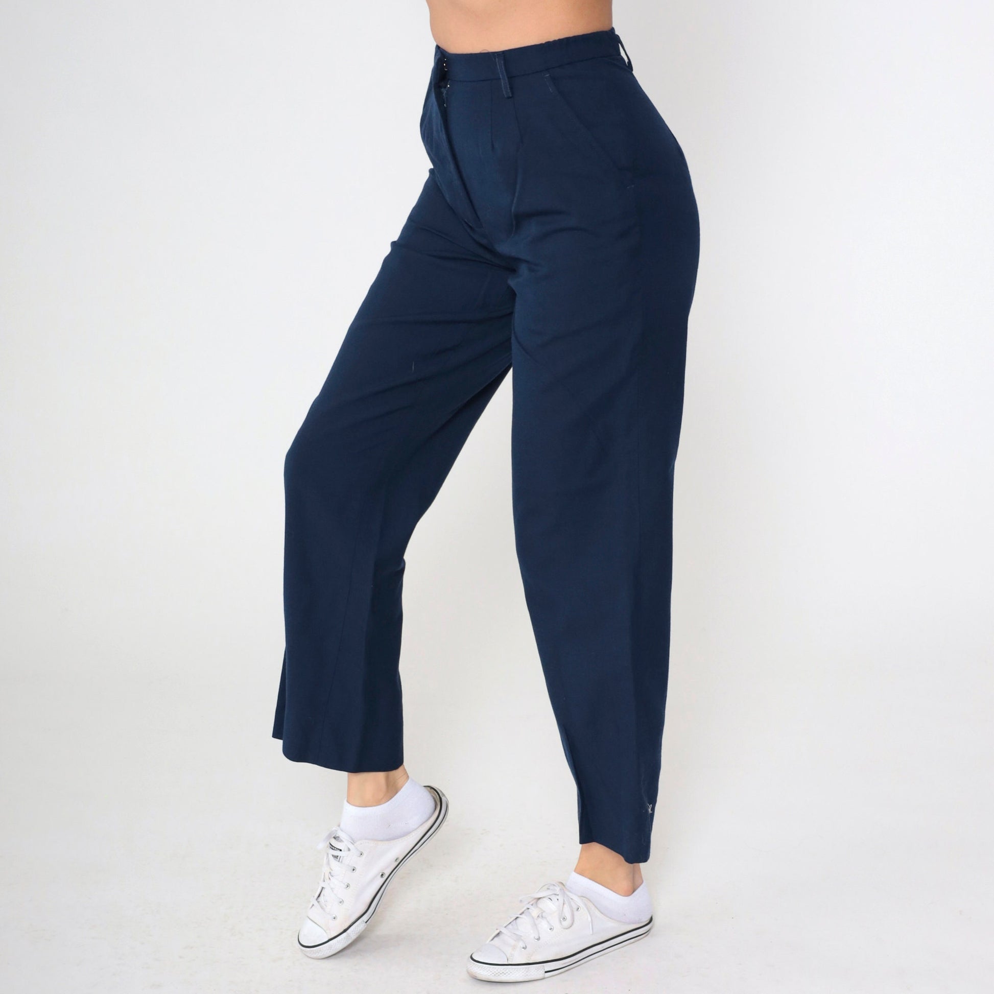 80s Mervyns Navy High-Waisted Straight Leg Trousers Medium