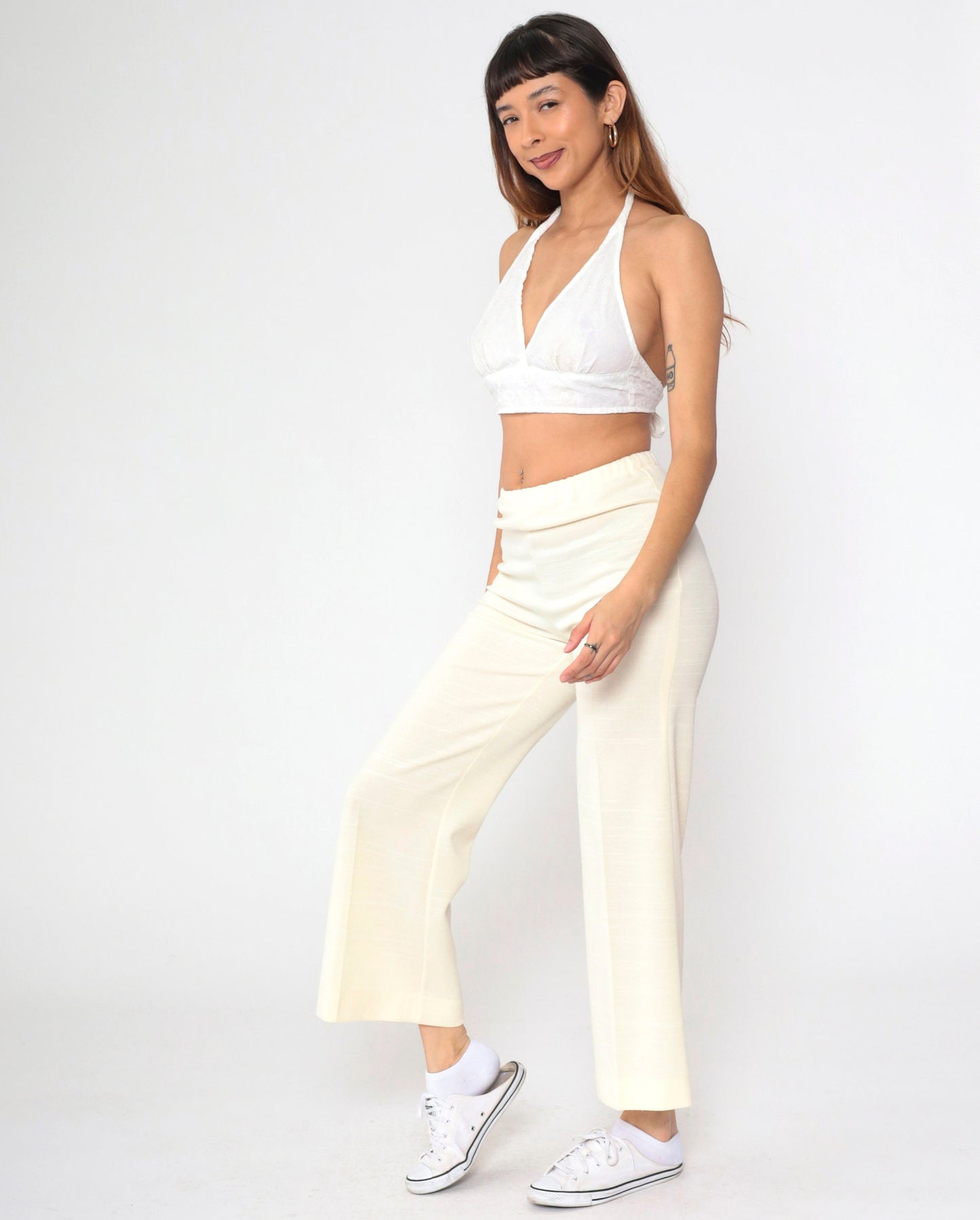 70s Cream Bell Bottom Pants High Waist Flared Leg Elastic Waist Small Medium