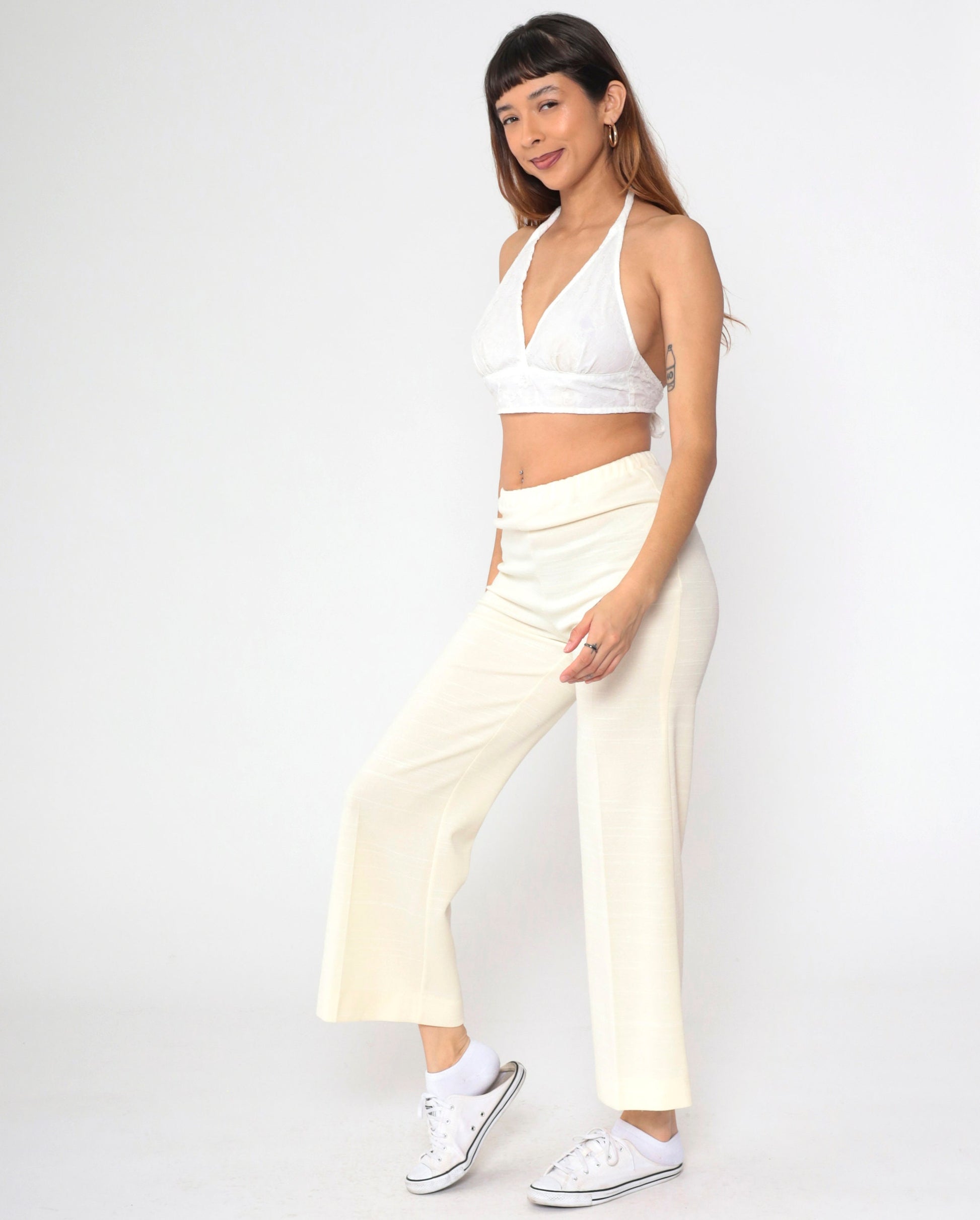 70s Cream Bell Bottom Pants High Waist Flared Leg Elastic Waist Small Medium