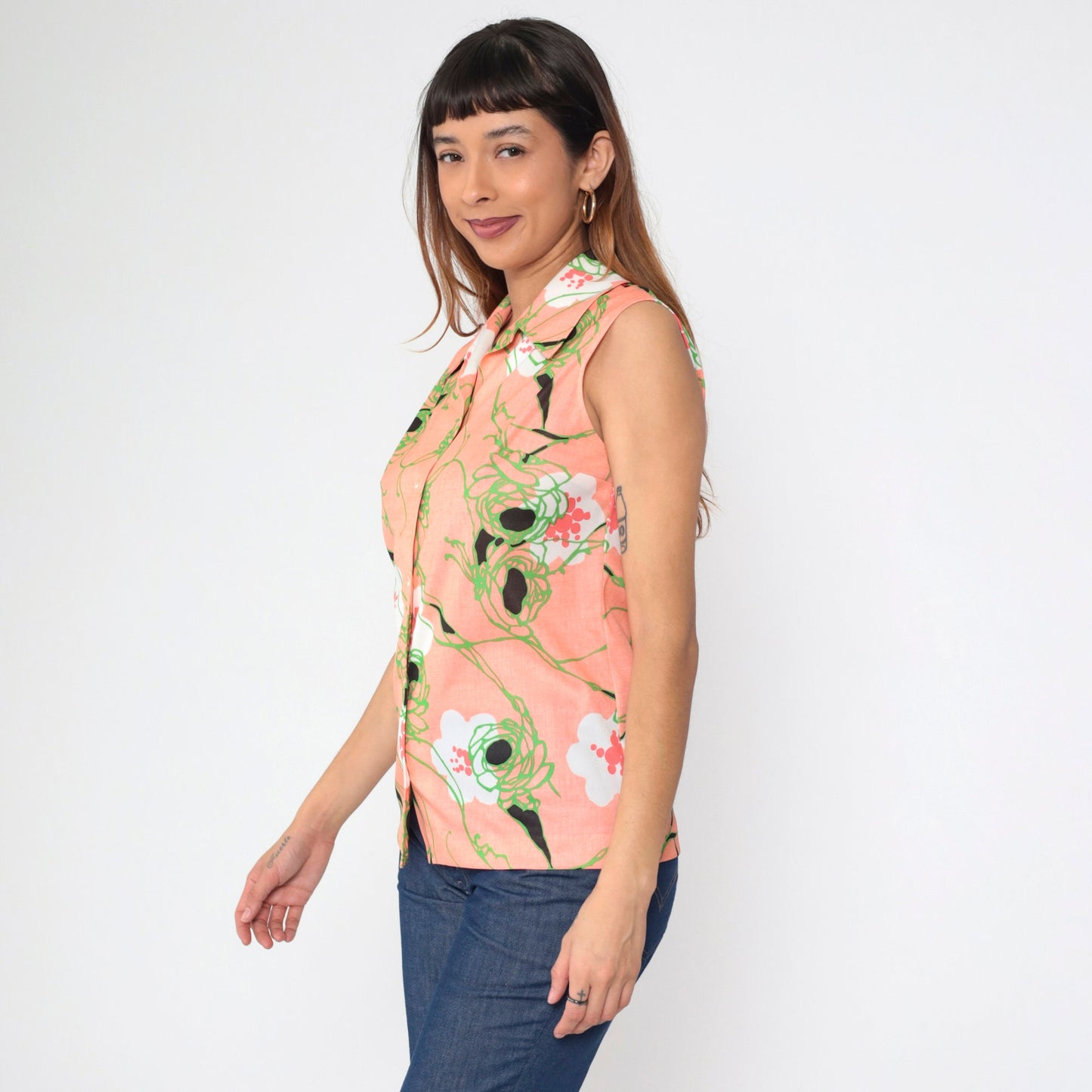 70s Pink Floral Tank Top Wing Collar Button-Up Sleeveless Blouse Medium