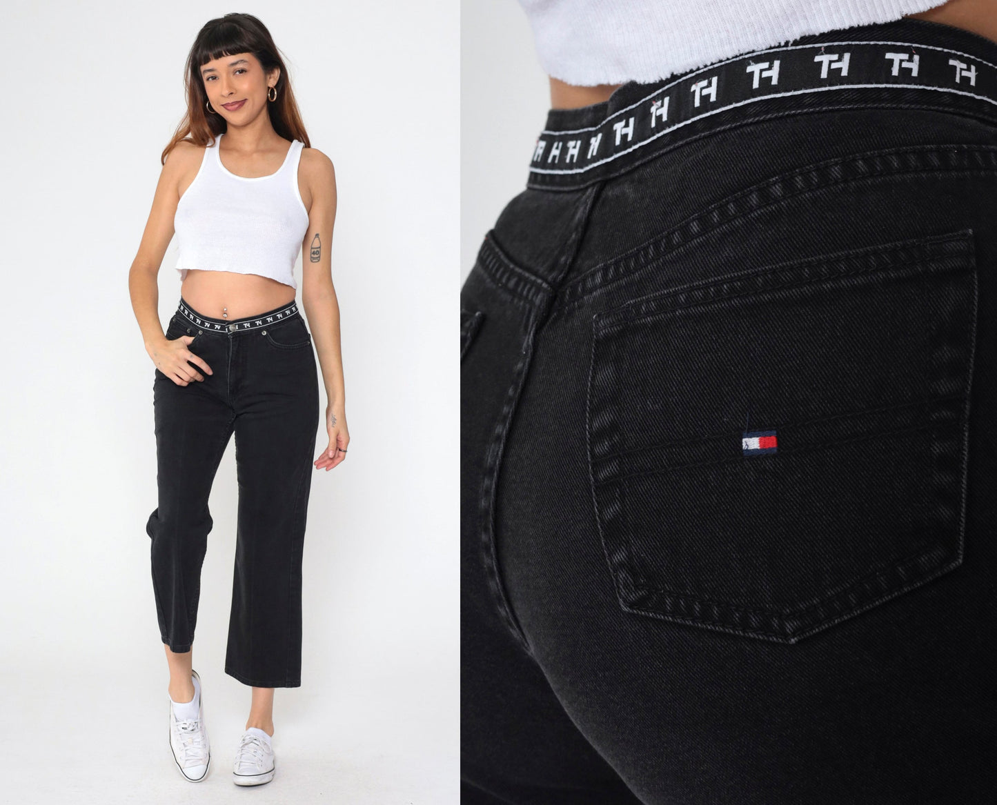 Tommy Hilfiger Y2K Black Denim Ankle Jeans Mid Rise Straight Leg Medium