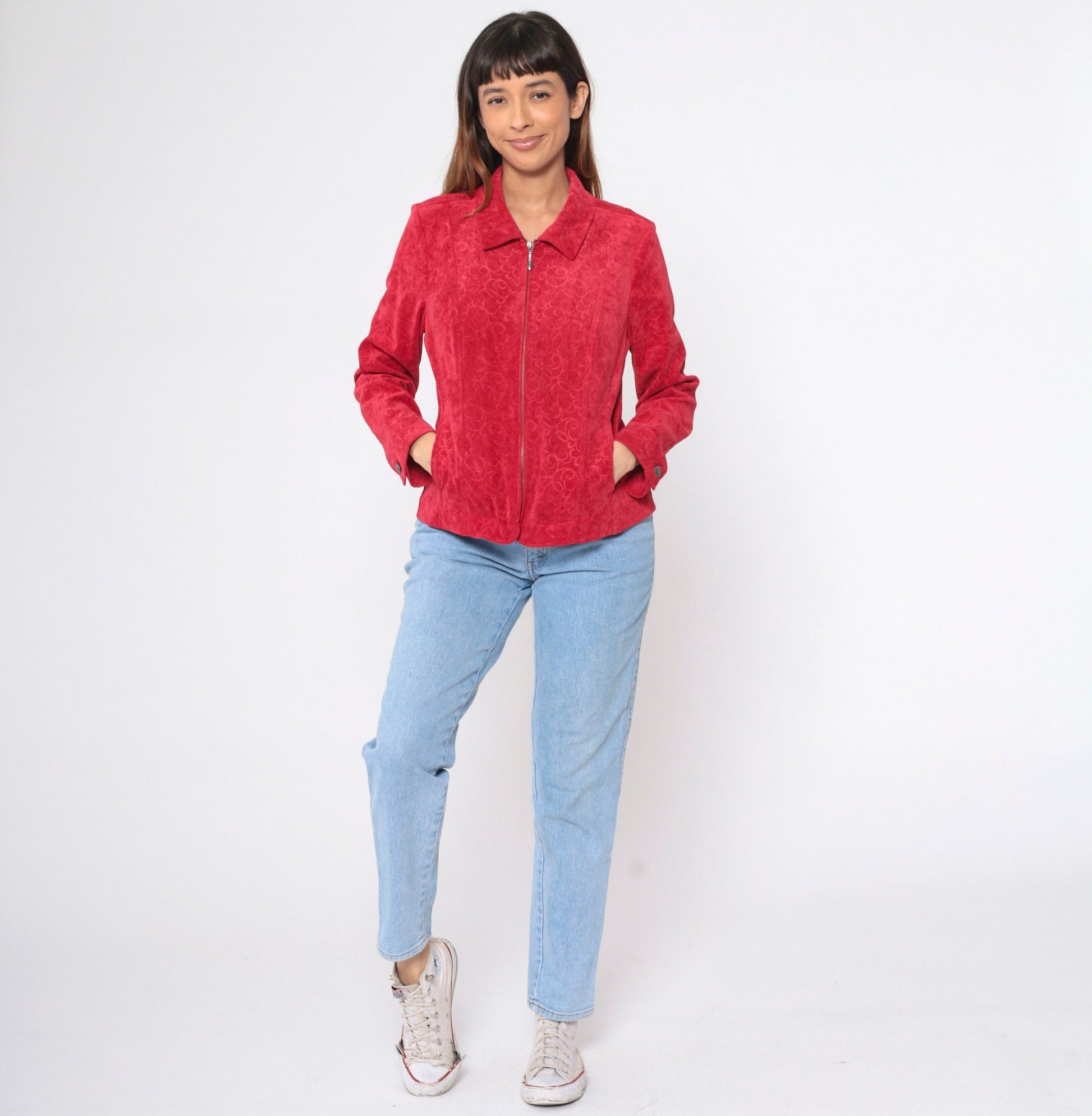 90s Red Corduroy Jacket Baroque Scroll Zip-Up Medium