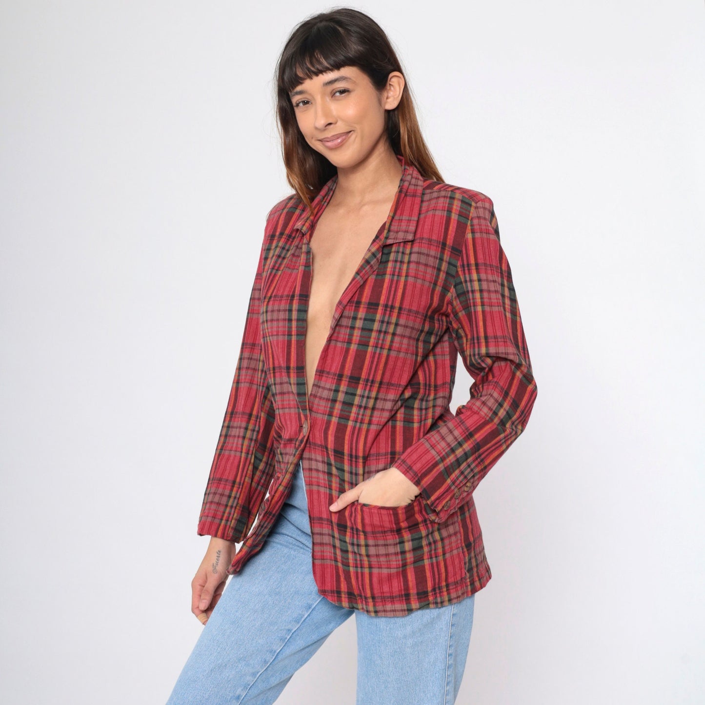 90s Red Plaid Cotton Blazer Deep V Neck Button Up Small