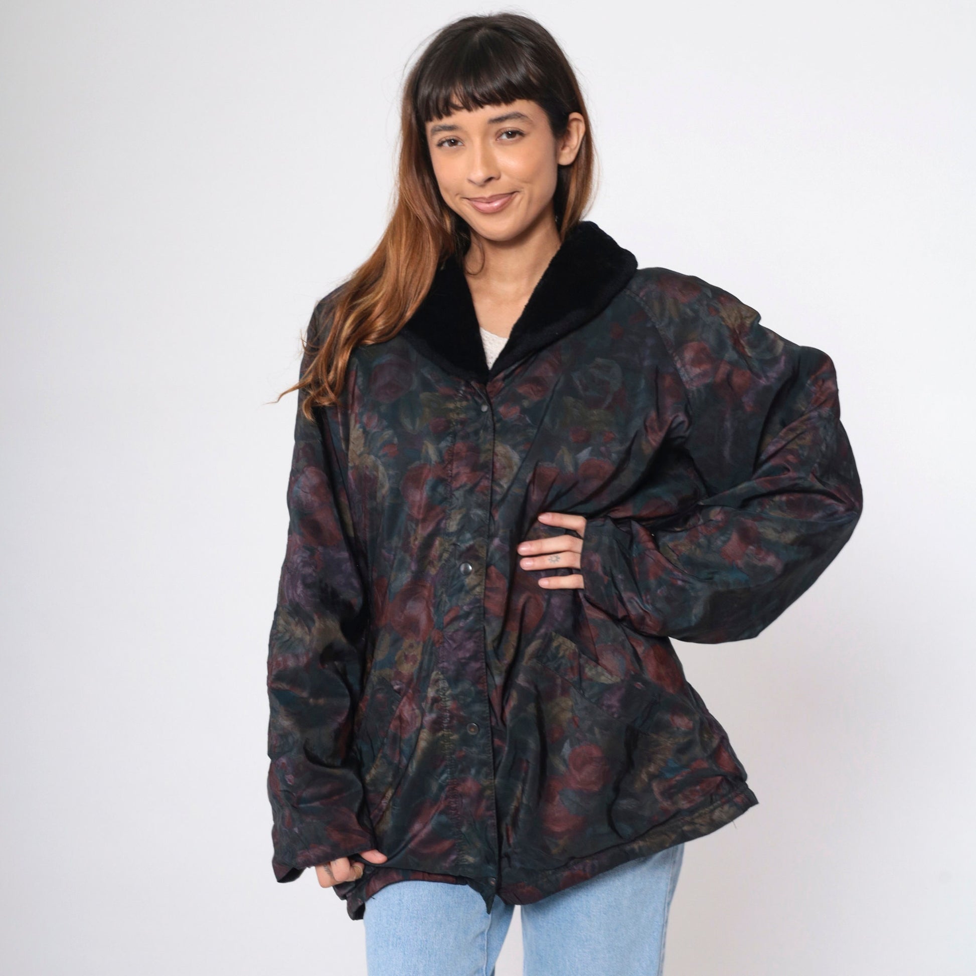 90s Aeros Puffer Jacket Floral Print Faux Fur Collar Windbreaker Large L