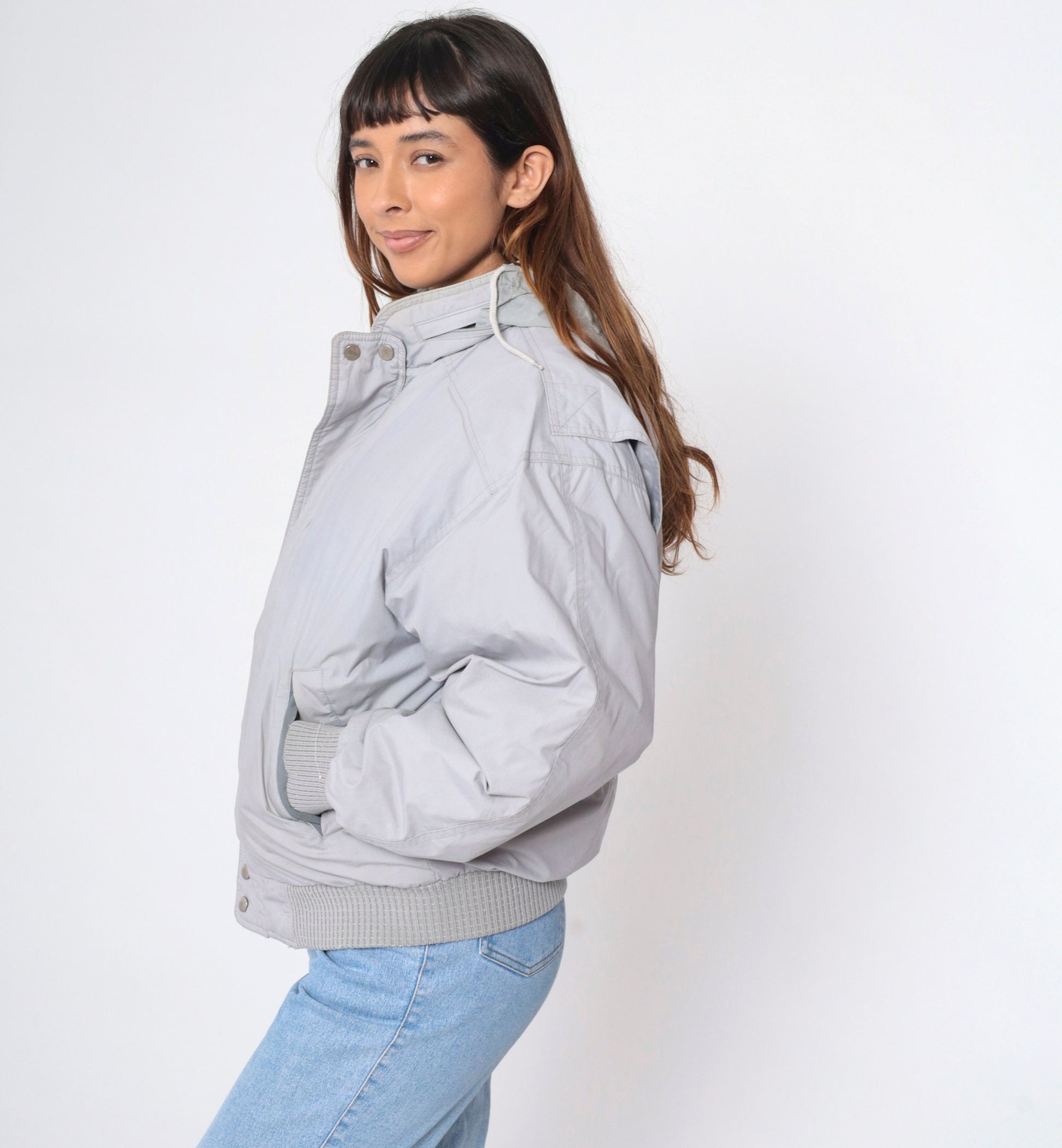Members Only Down Jacket 80s Grey Hooded Ski Puffer Coat Medium