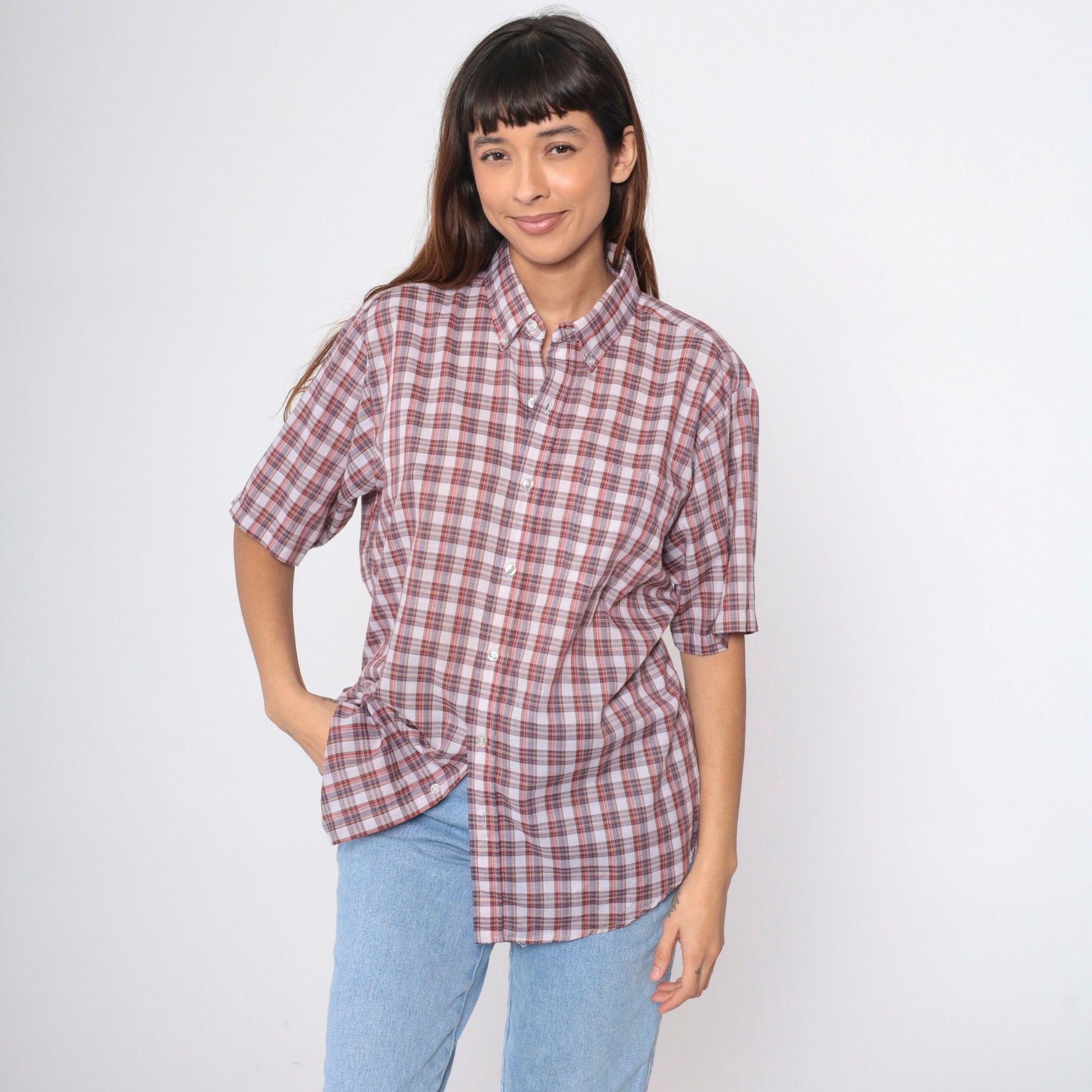 80s Grand Banks Plaid Button-Up Shirt Red White Brown Tartan Short Sleeve Large
