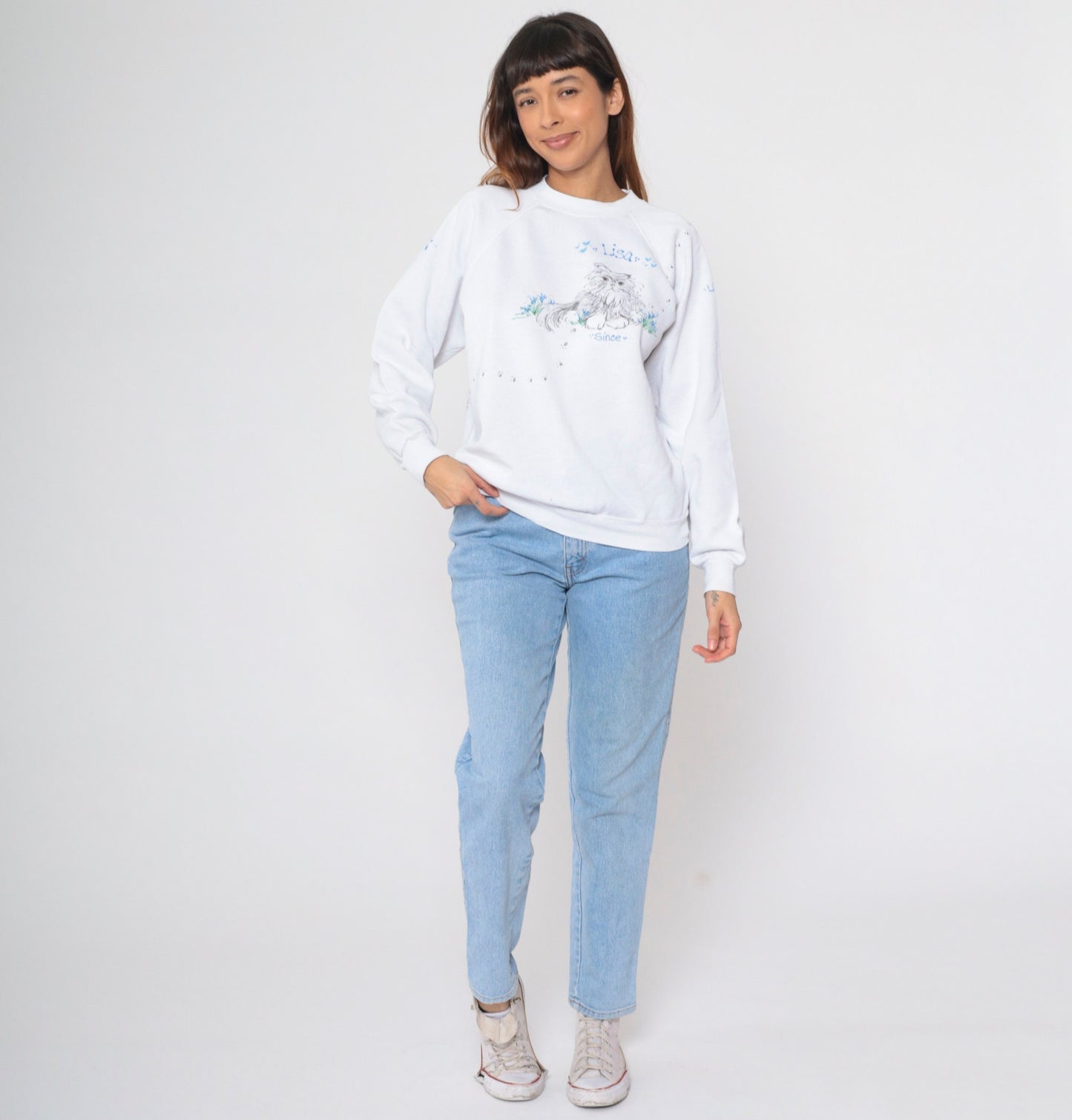 90s Hand Painted Cat Lisa Sweatshirt White Hanes Raglan Medium